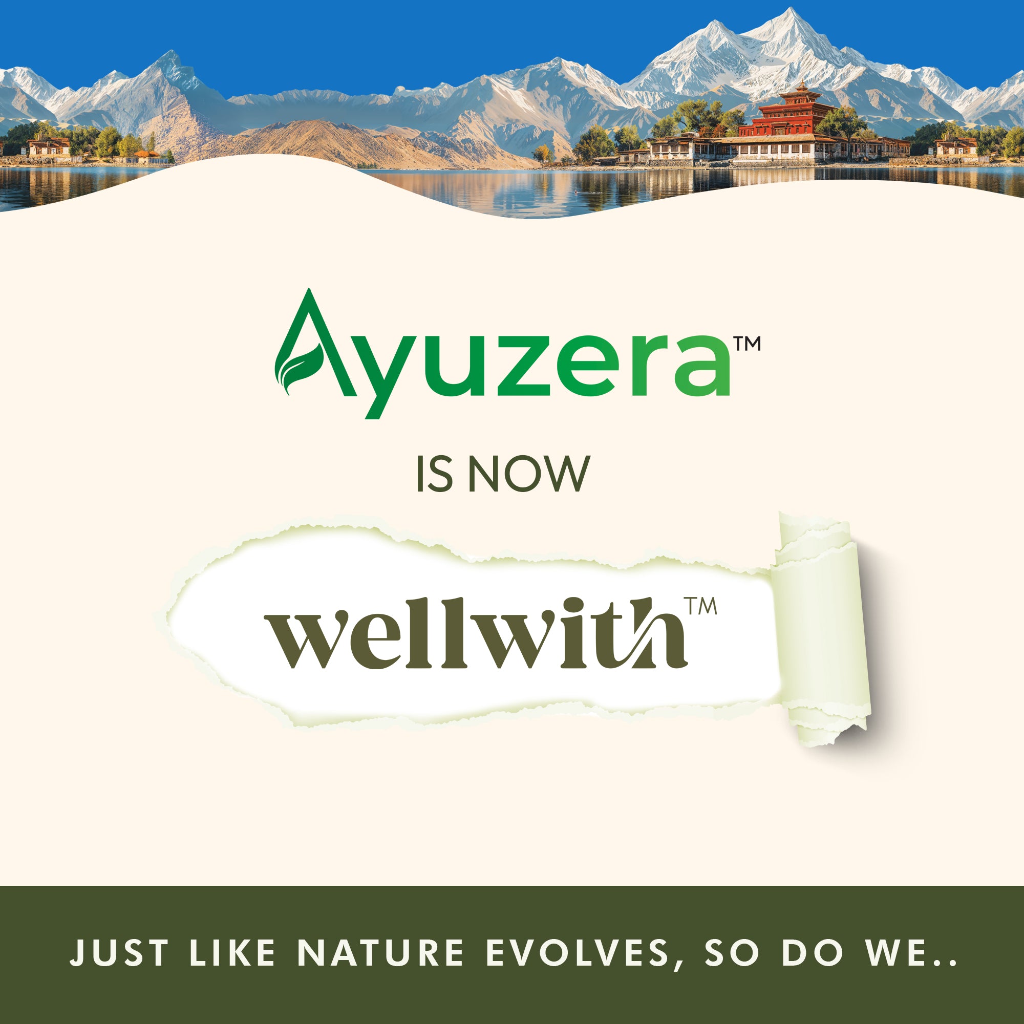 Promotional graphic for Ayuzera transitioning to wellwith with scenic background