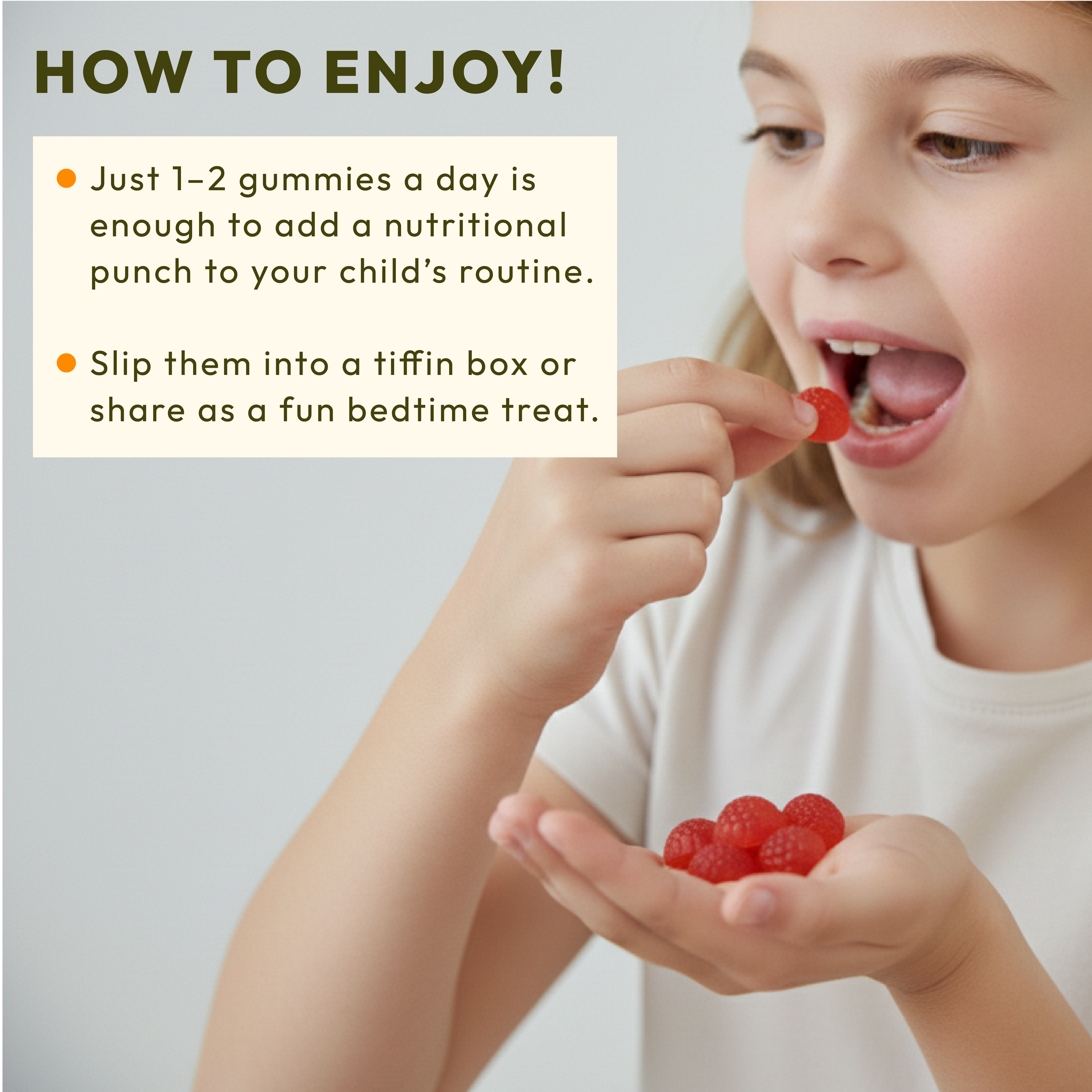 Child eating sea buckthorn gummies with text on how to enjoy them