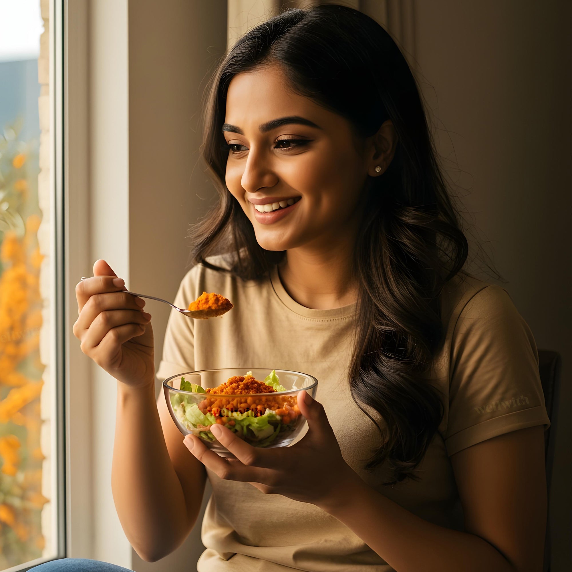 Woman holding a bowl of salad and a spoon with a blurred outdoor background