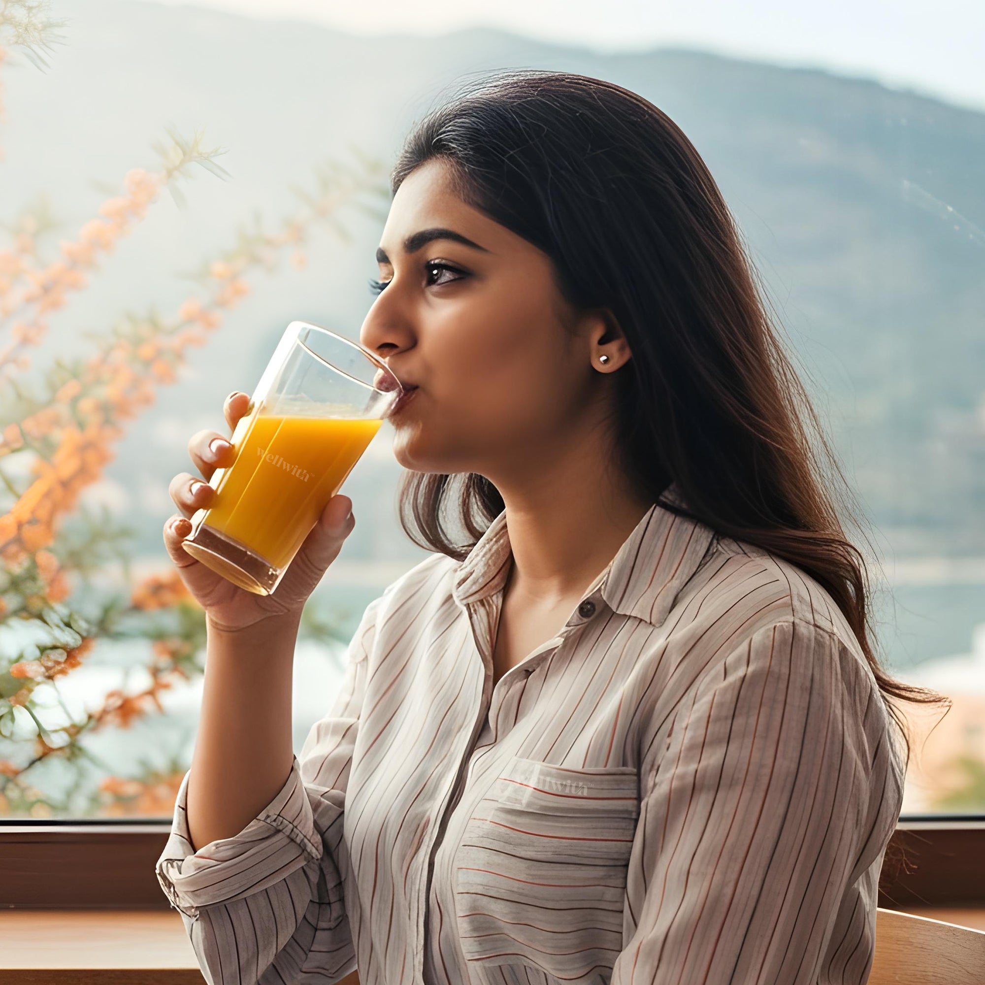 Woman drinking sea buckthorn juice by a window with a scenic view