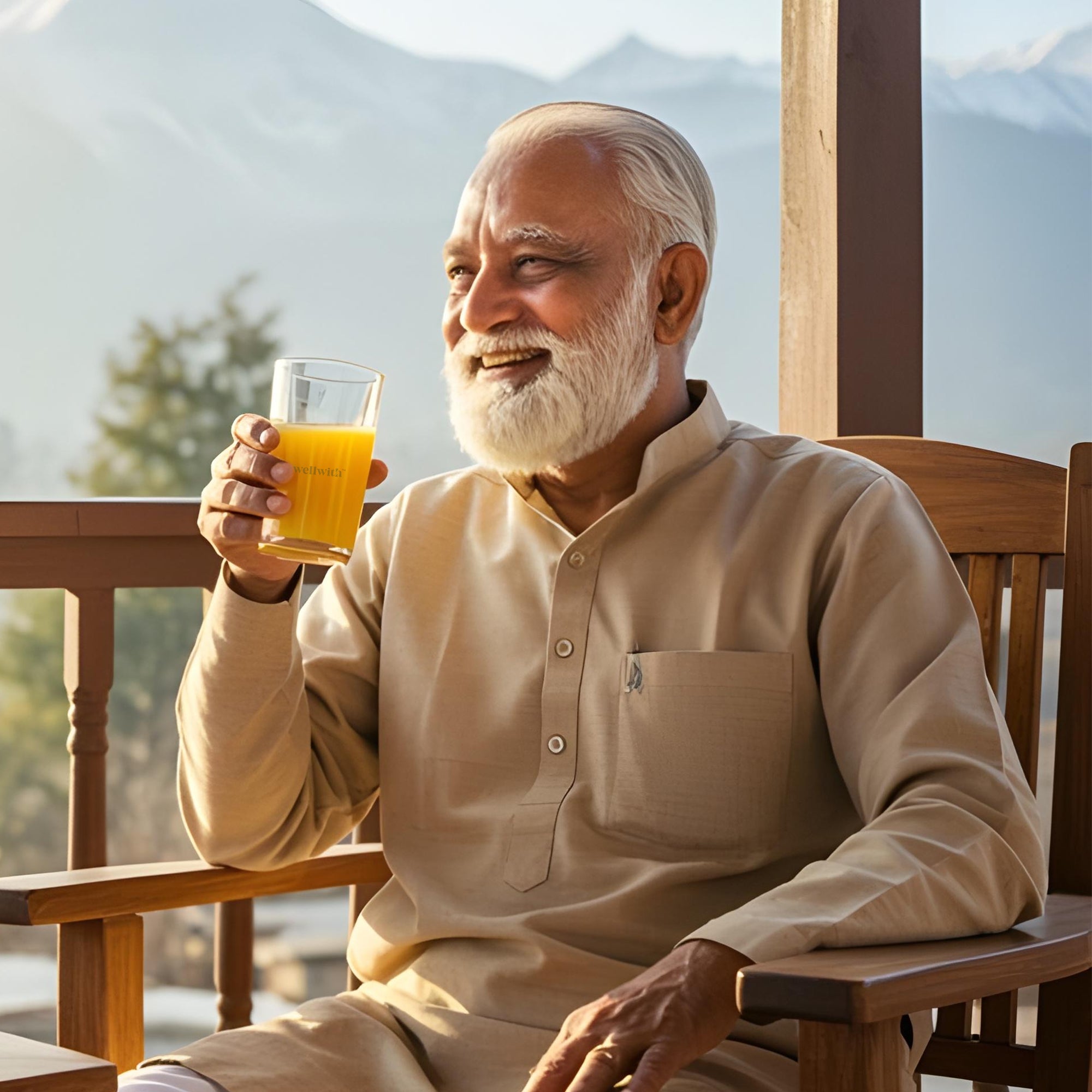 Man sitting on a wooden bench holding a glass of sea buckthorn berry juice with mountains in the background