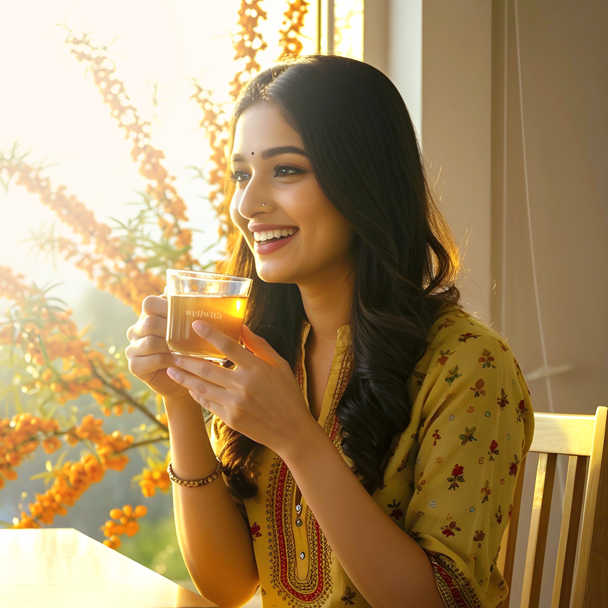 Woman in a yellow floral top holding a glass of sea buckthorn leaf tea, smiling, with a blurred outdoor background.