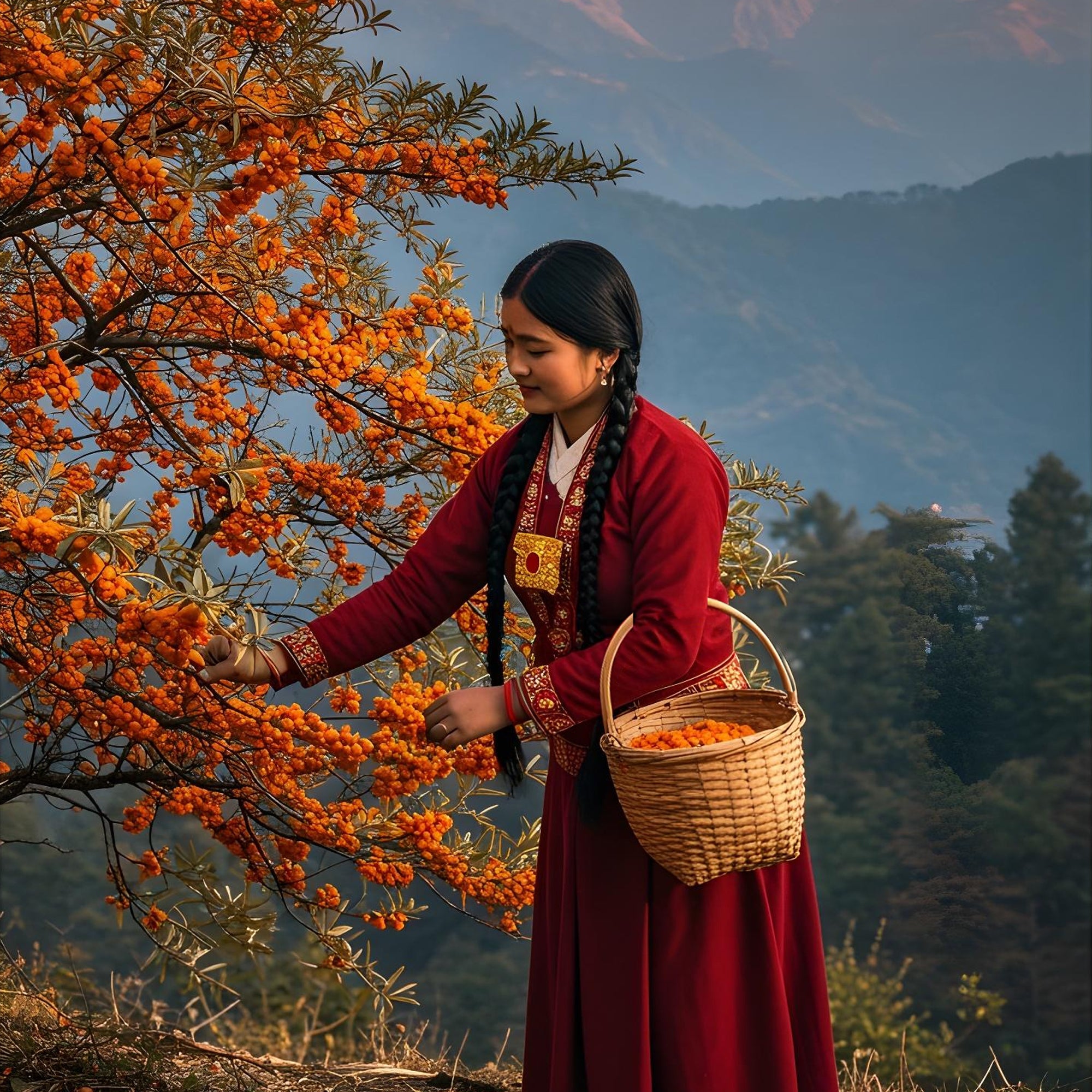 Woman in traditional attire picking sea buckthorn berries from a tree with mountains in the background.