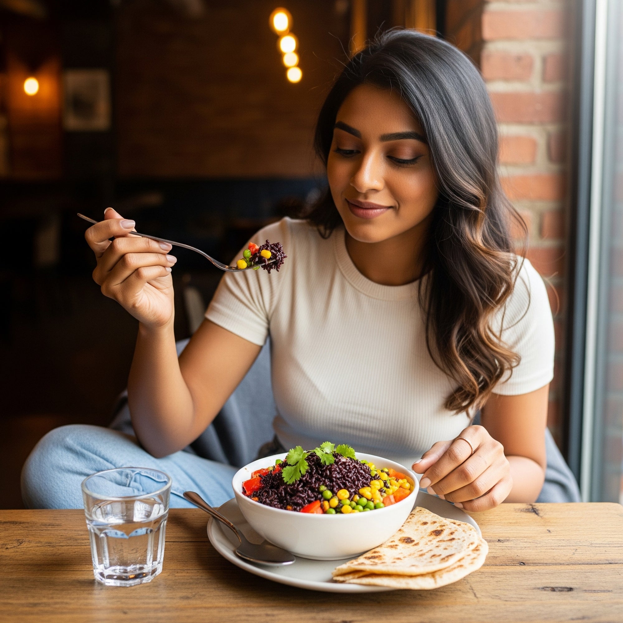 Woman sitting at a table with a bowl of salad and a glass of water in a casual setting.