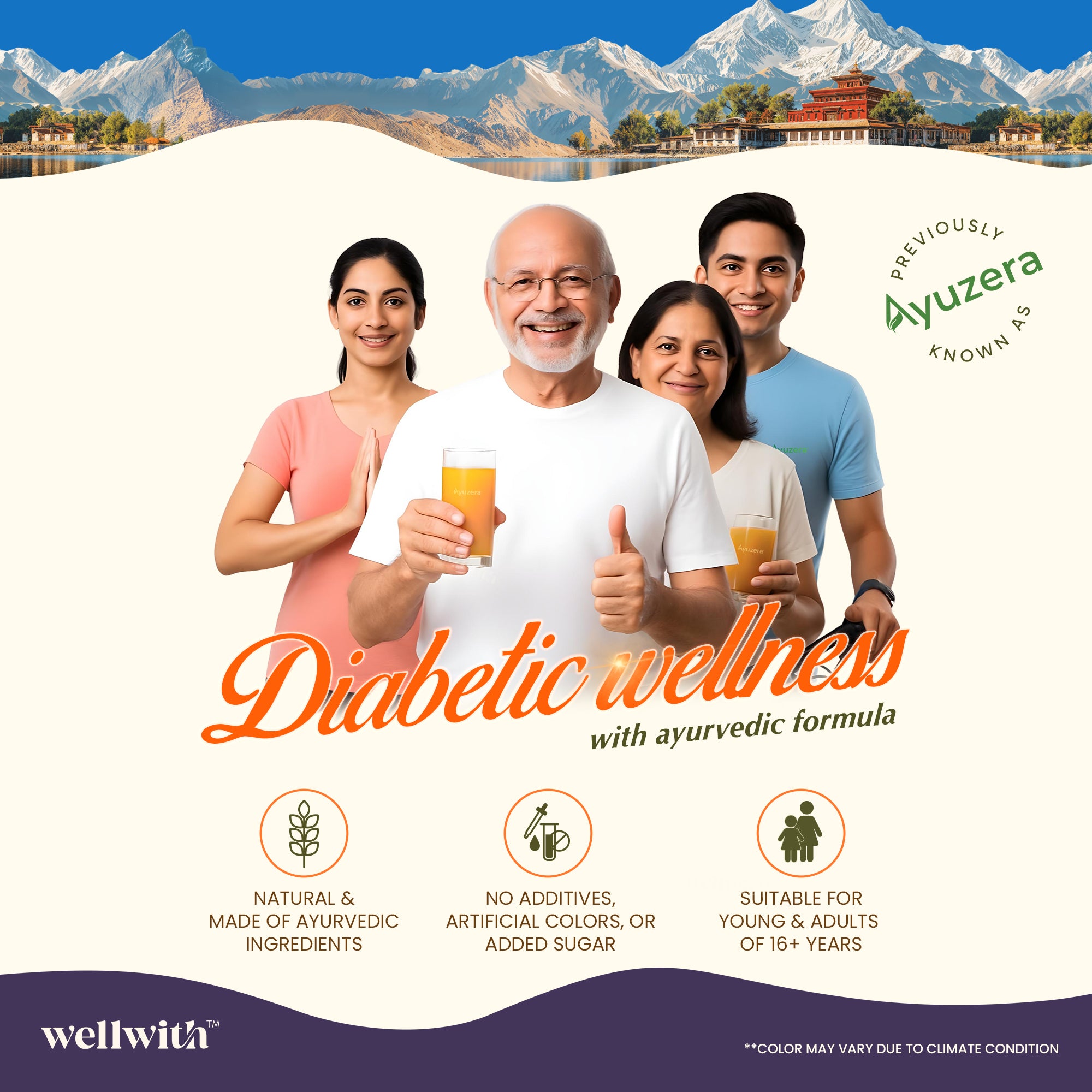 Promotional image for Diabetic Wellness with Ayurvedic formula, featuring a family with mountains in the background.