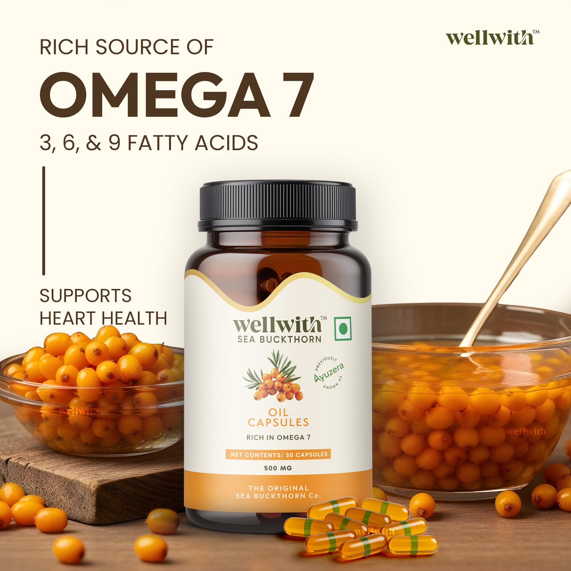 Wellwith Sea Buckthorn oil capsules rich source of omega fatty acids with berries and a spoon on a wooden surface