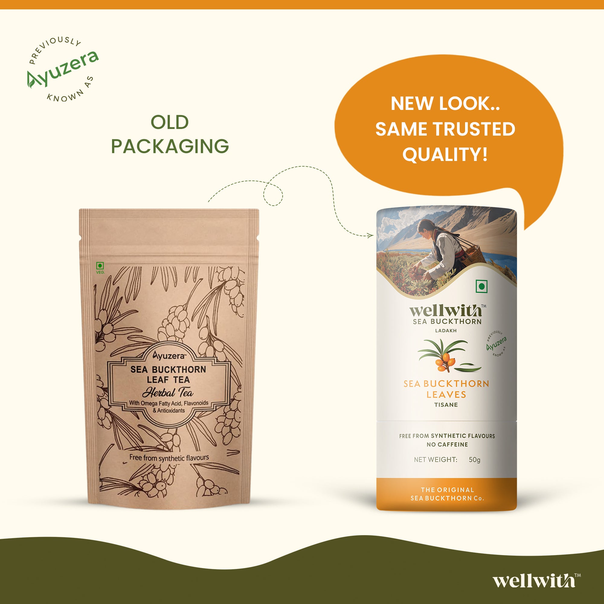 Comparison of old and new packaging for wellwith Sea Buckthorn Leaf Tea on a white background.