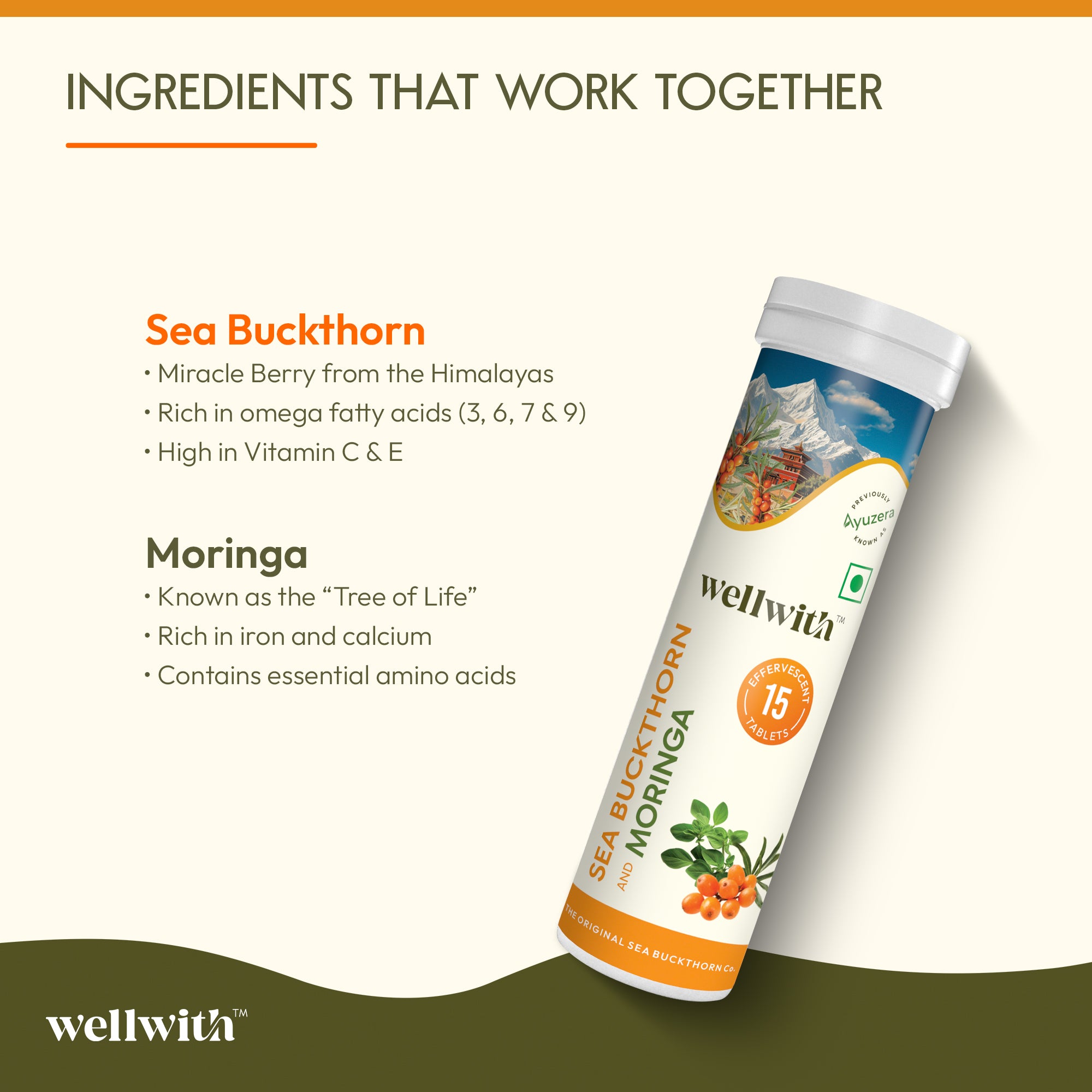 Wellwith Sea Buckthorn and Moringa tablets with ingredient information on a white background