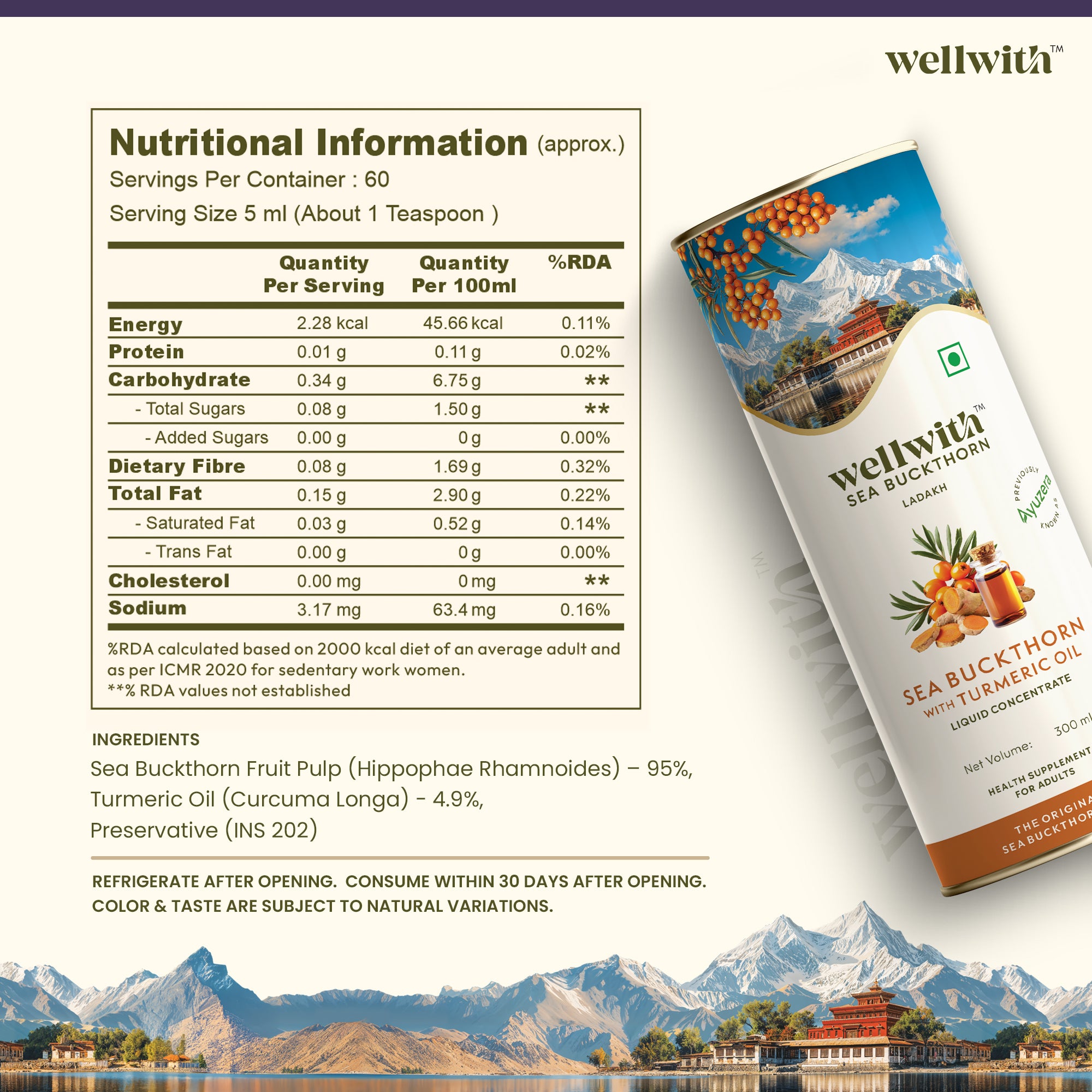 Wellwith Sea Buckthorn pulp with turmeric oil nutritional information