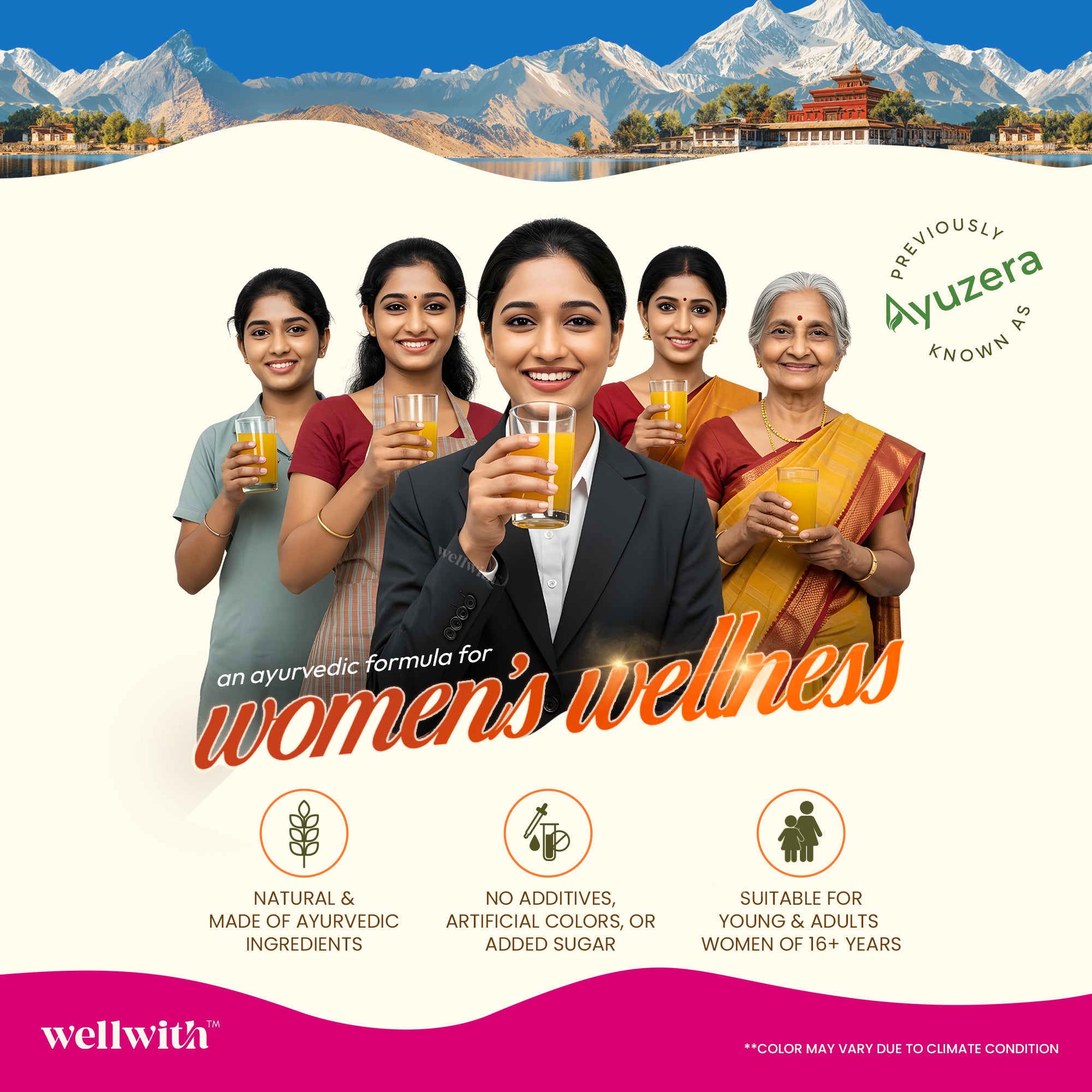Advertisement for Wellwith product featuring women holding glasses of a wellwith sea buckthorn juice for women