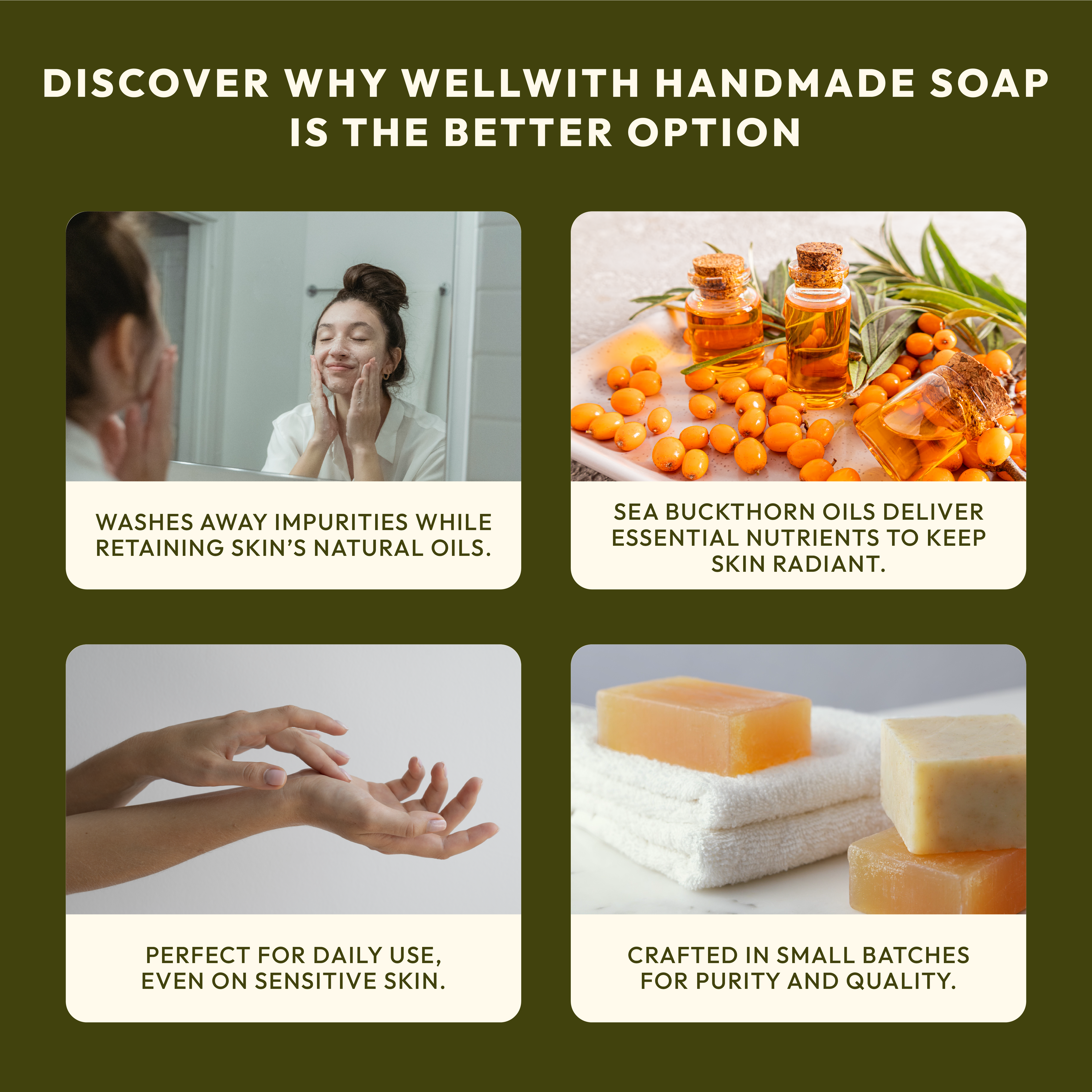 Promotional graphic for Wellwith handmade natural soap with text and images of soap, sea buckthorn oils, and a person washing their face.