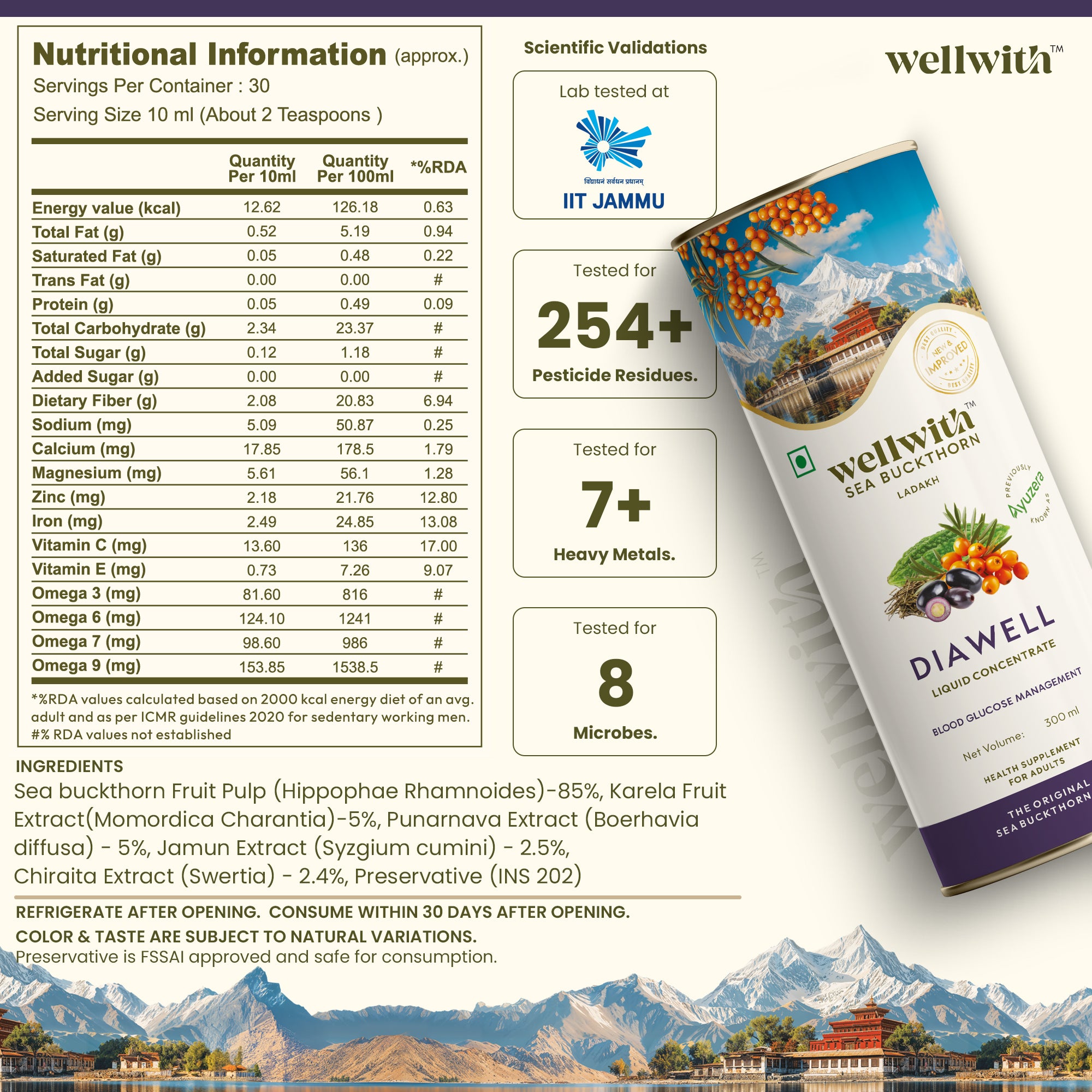 Wellwith DIAWELL product packaging with nutritional information and lab test info