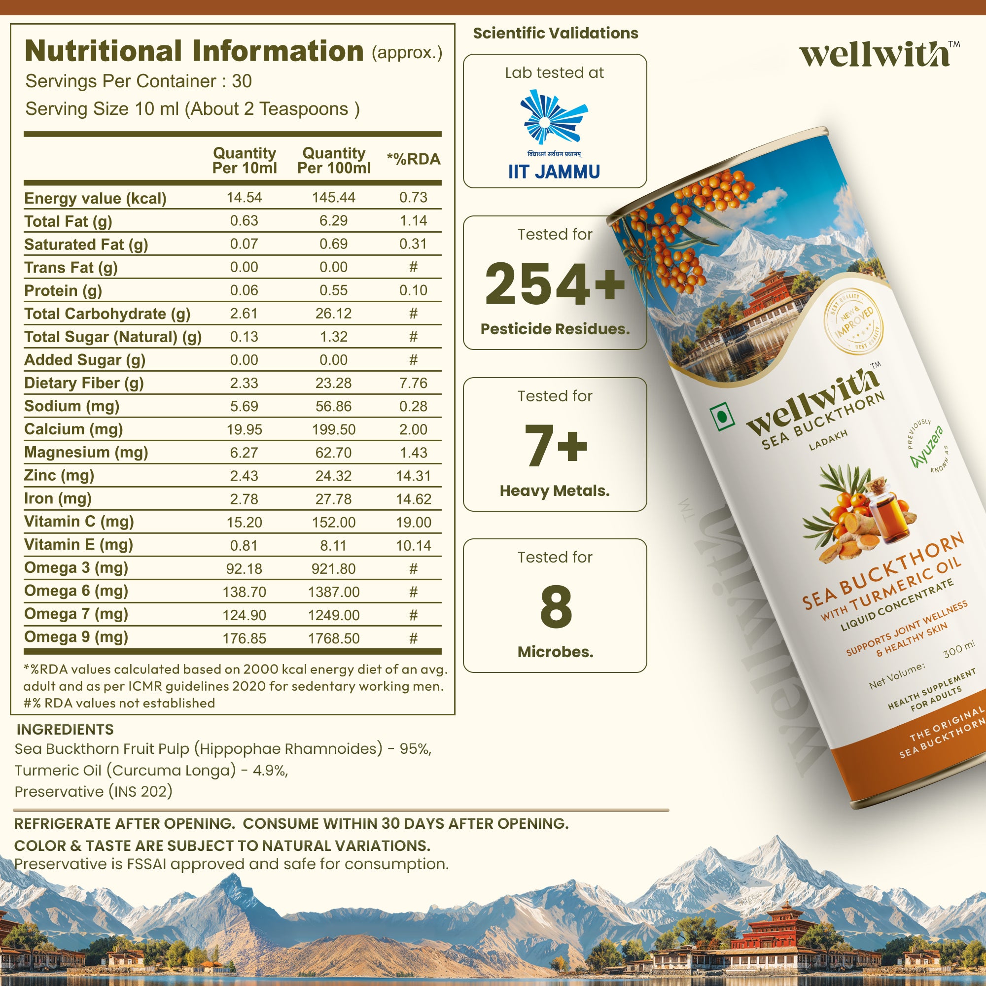 Nutritional information and product packaging of wellwith Sea Buckthorn with Turmeric Oil