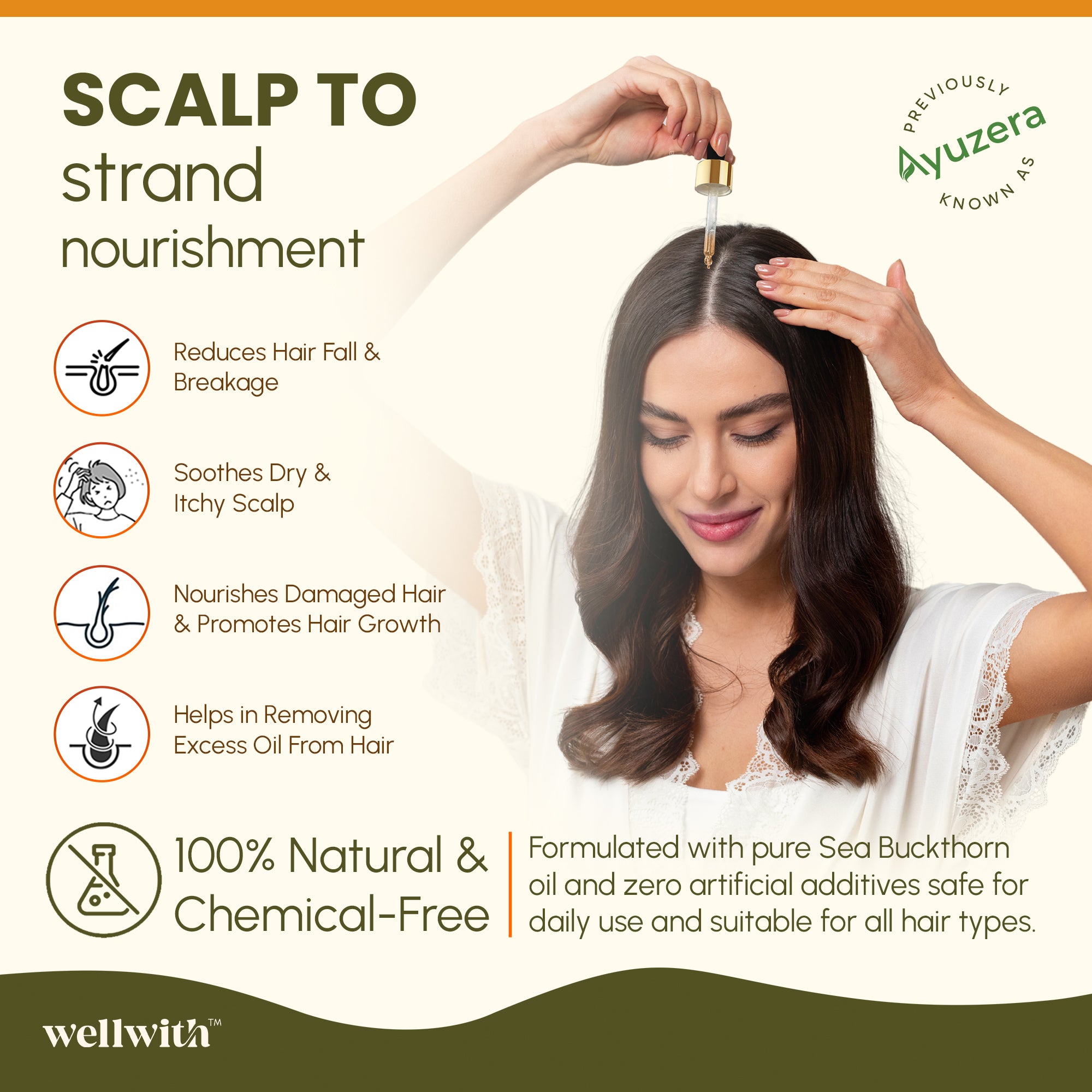 Advertisement for Wellwith hair care product showing a woman applying sea buckthorn nourishing oil to her hair.