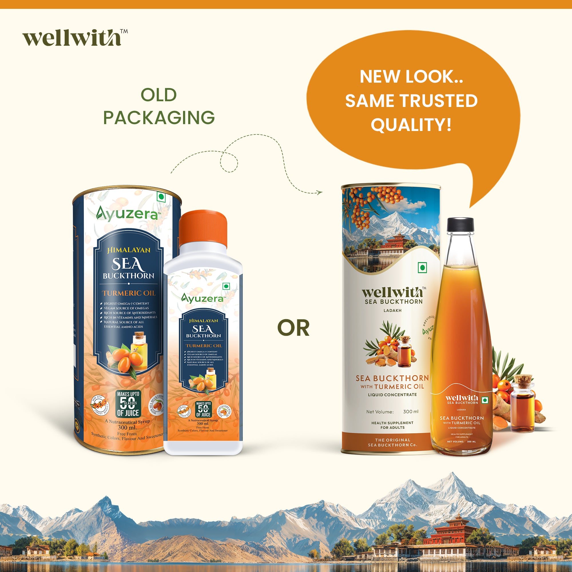 Comparison of new and old packaging of wellwith product.