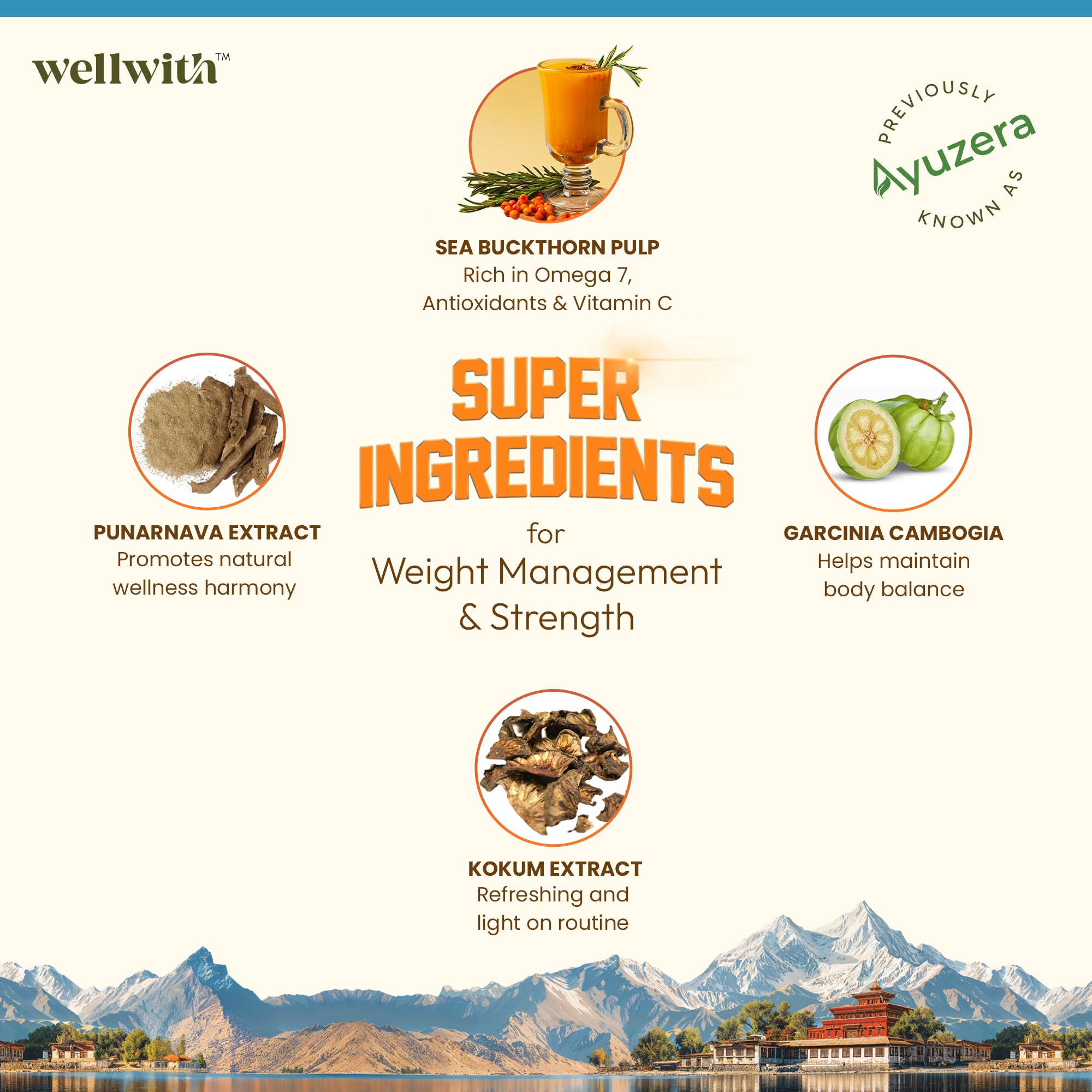 Wellwith fitwell juice ingredients for weight management and strength, featuring a scenic background.