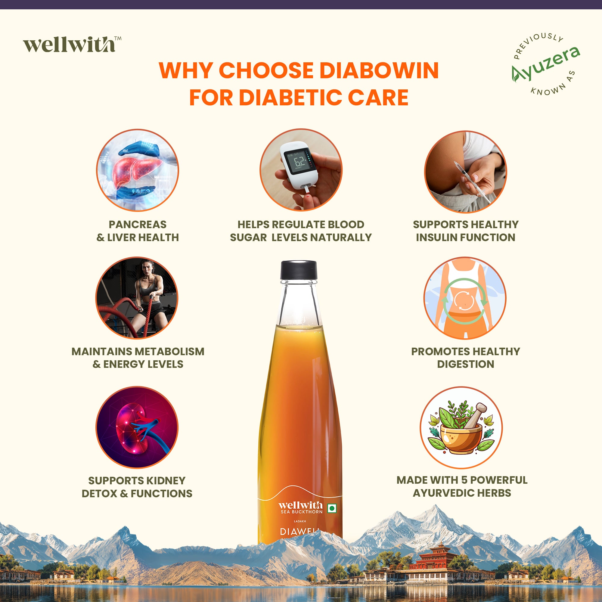 Promotional graphic for Diabowin with benefits listed and a scenic background