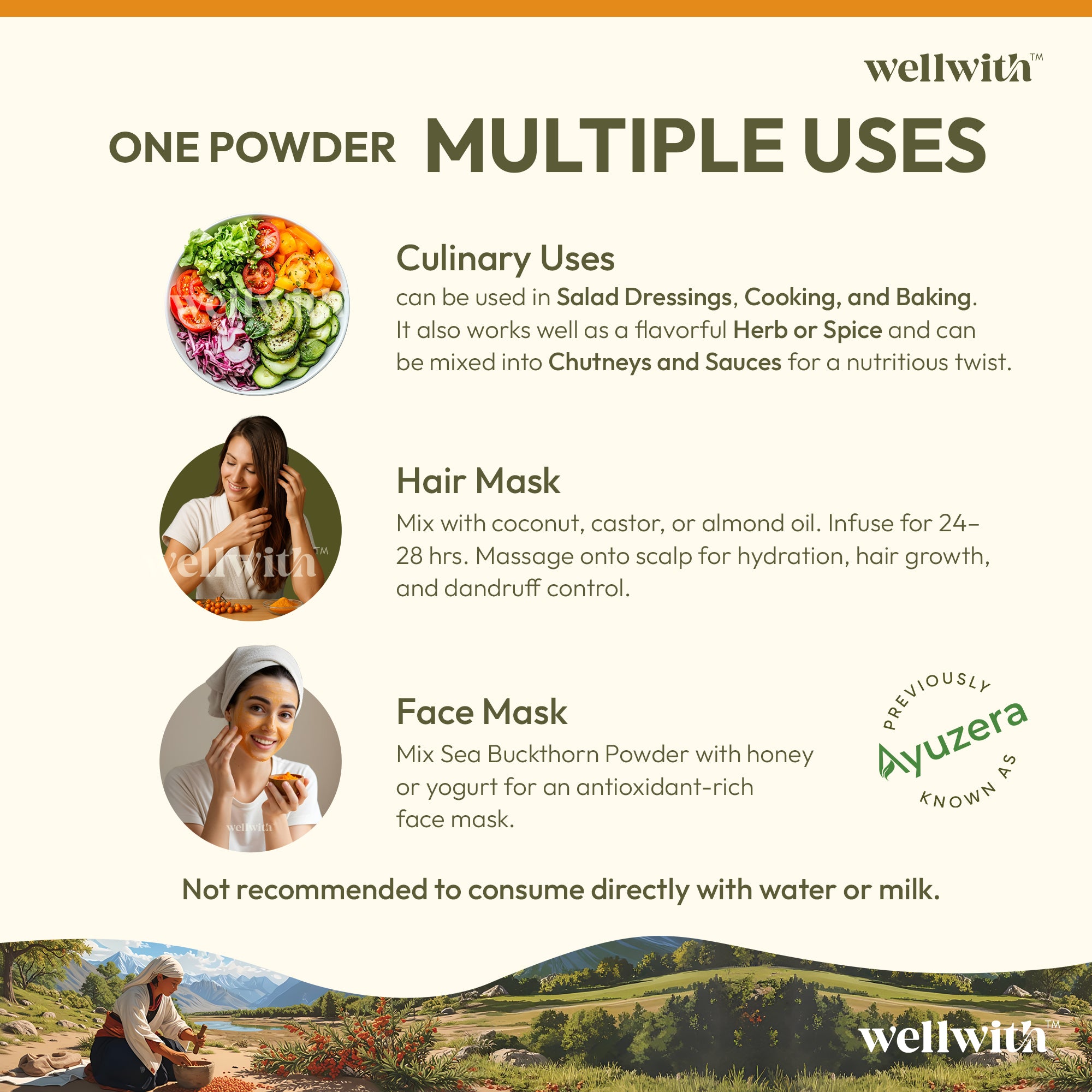 Wellwith sea buckthorn dry berry powder information card with culinary, hair, and face mask uses.
