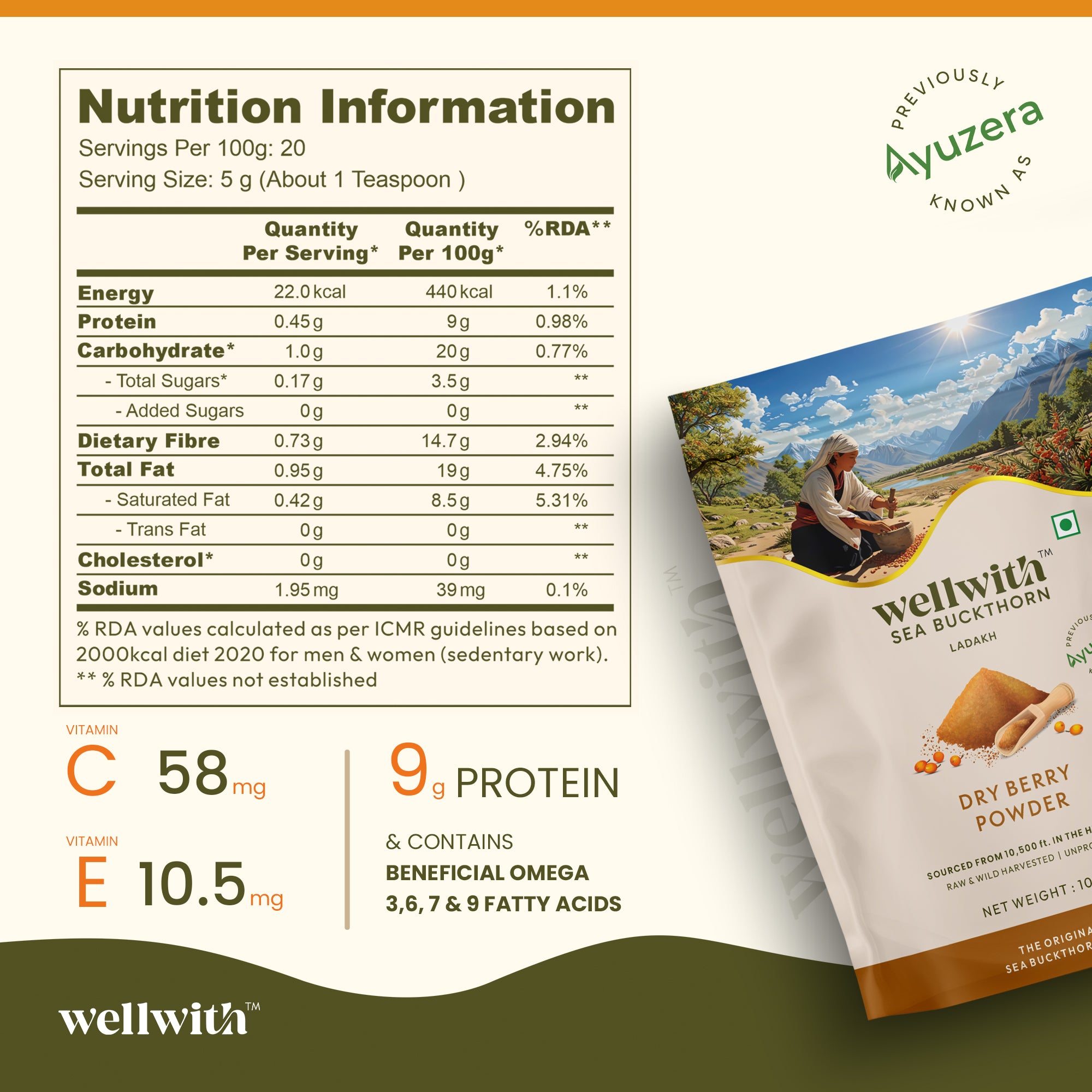 Nutrition information label of sea buckthorn dry berry powder