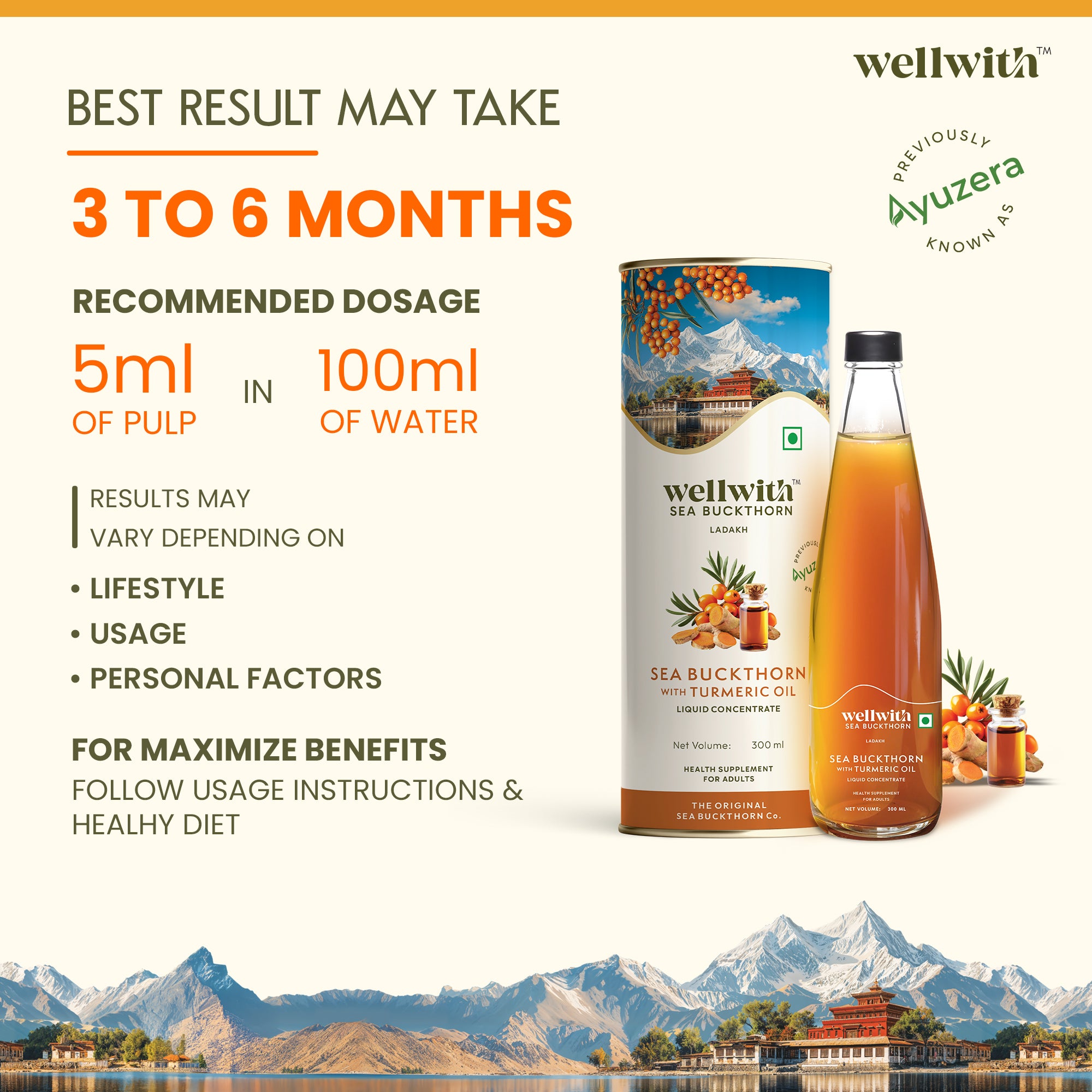 Recommended dosage of wellwith sea buckthorn juice with turmeric oil.
