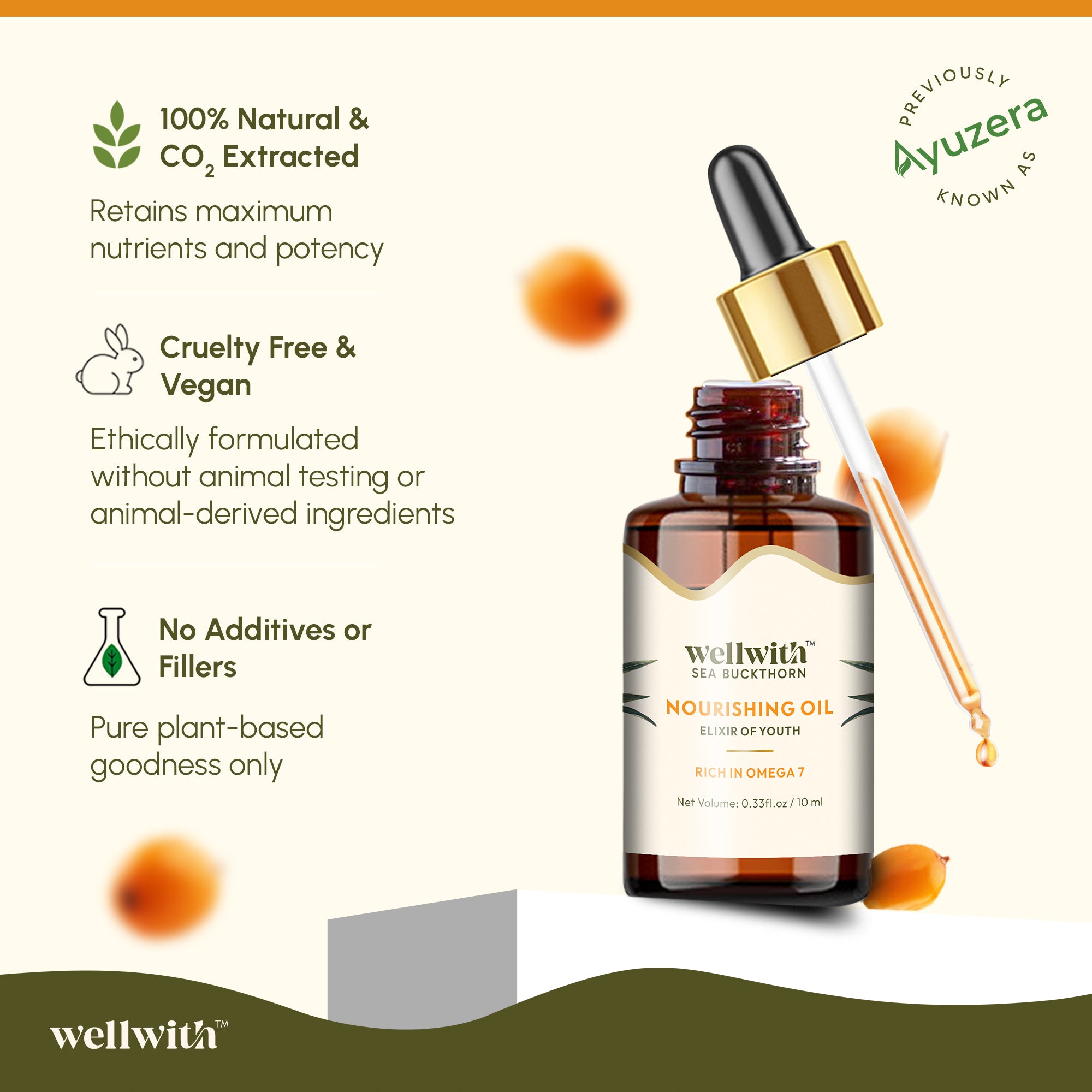 Wellwith co2 extracted sea buckthorn nourishing oil that is cruelty free, vegan with no additives or fillers.