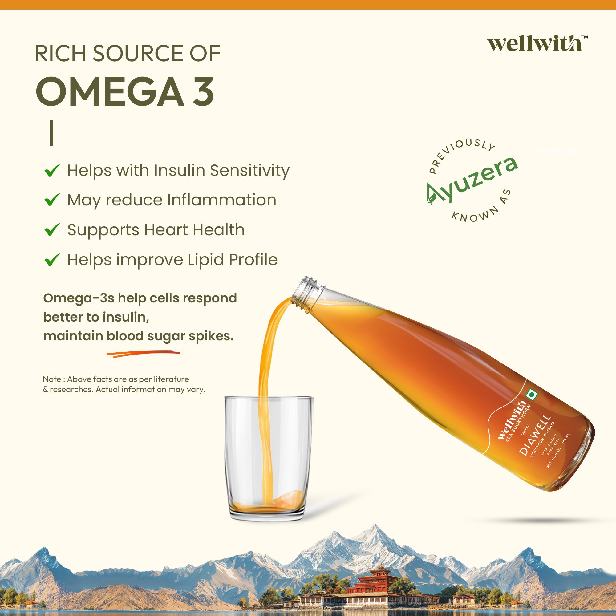image of a sea buckthorn juice rich in omega-3 with a scenic background and 'wellwith' branding.