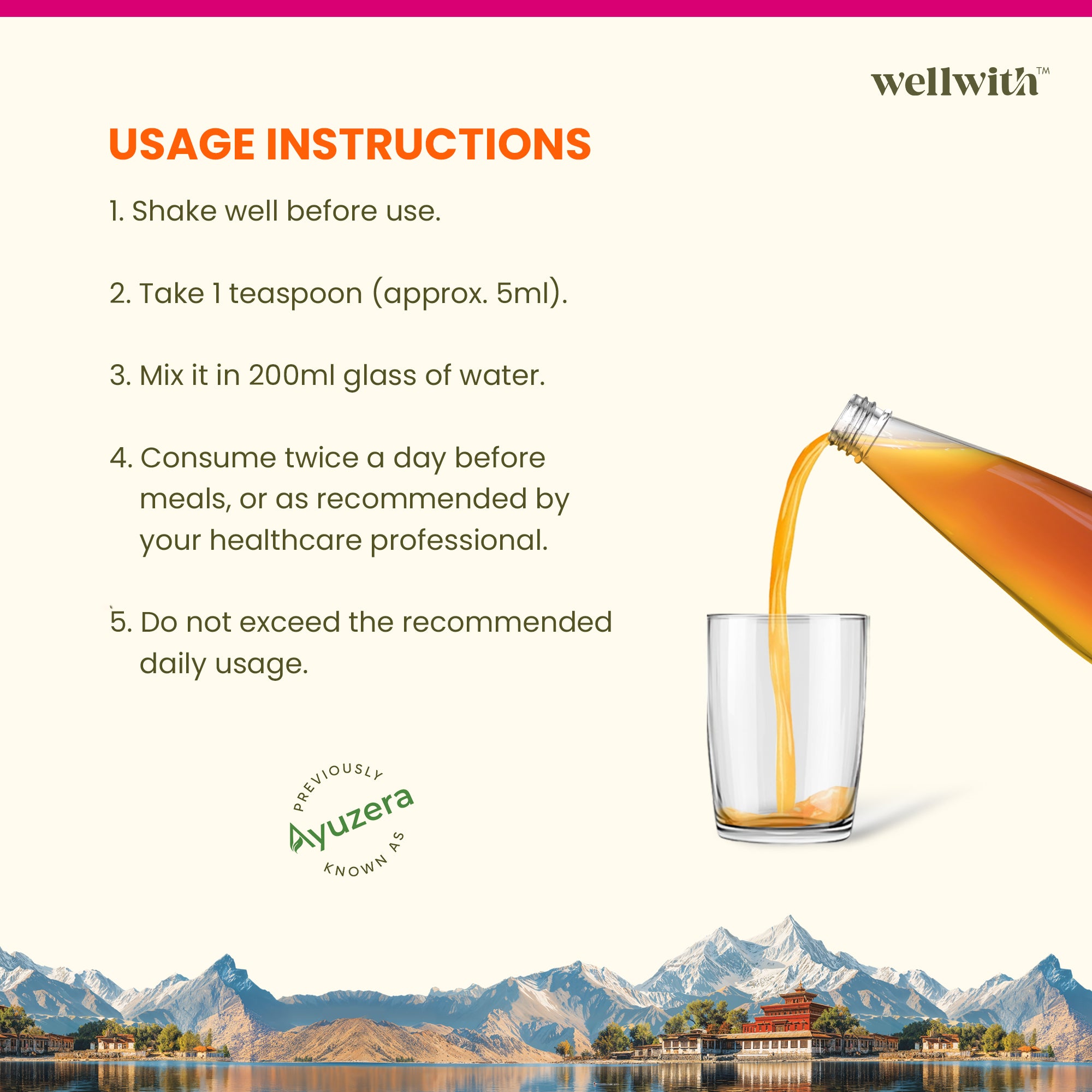 Usage instructions for a wellwith femwell with a scenic background and 'wellwith' branding.