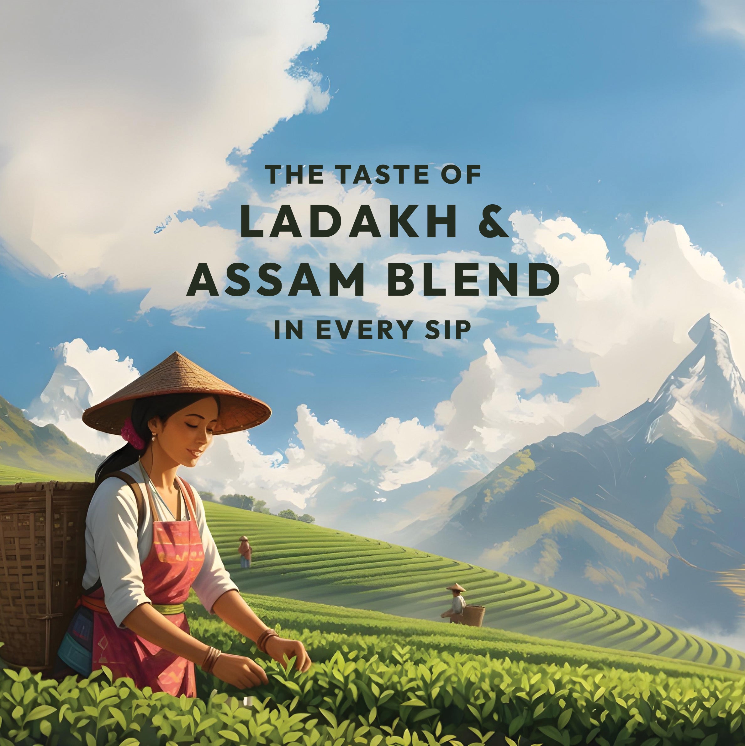 Woman working in a tea field with mountains and clouds in the background, promoting 'The Taste of Ladakh & Assam Blend'.