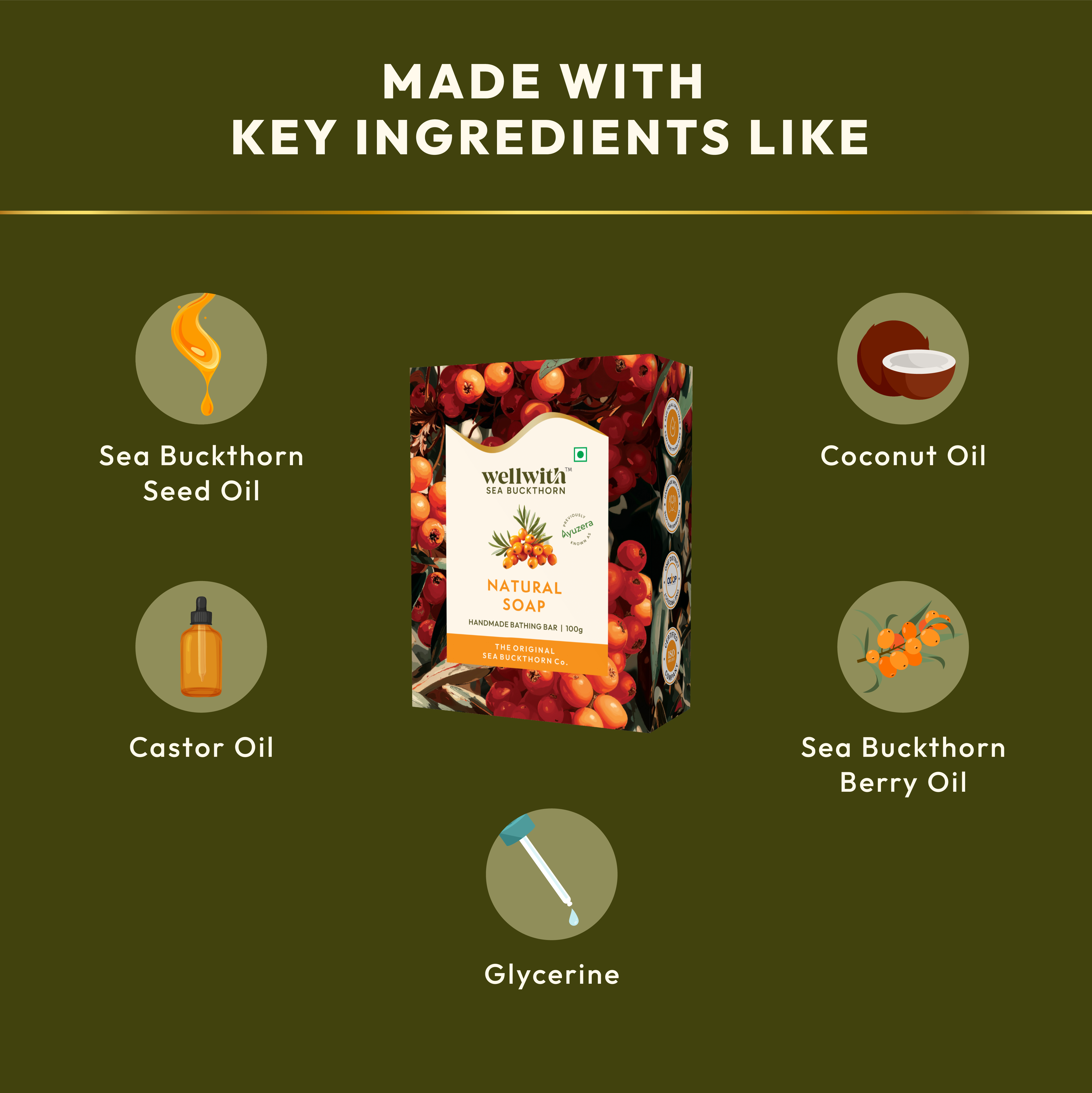 Wellwith Sea Buckthorn Seed Oil soap packaging with key ingredients listed on a green background