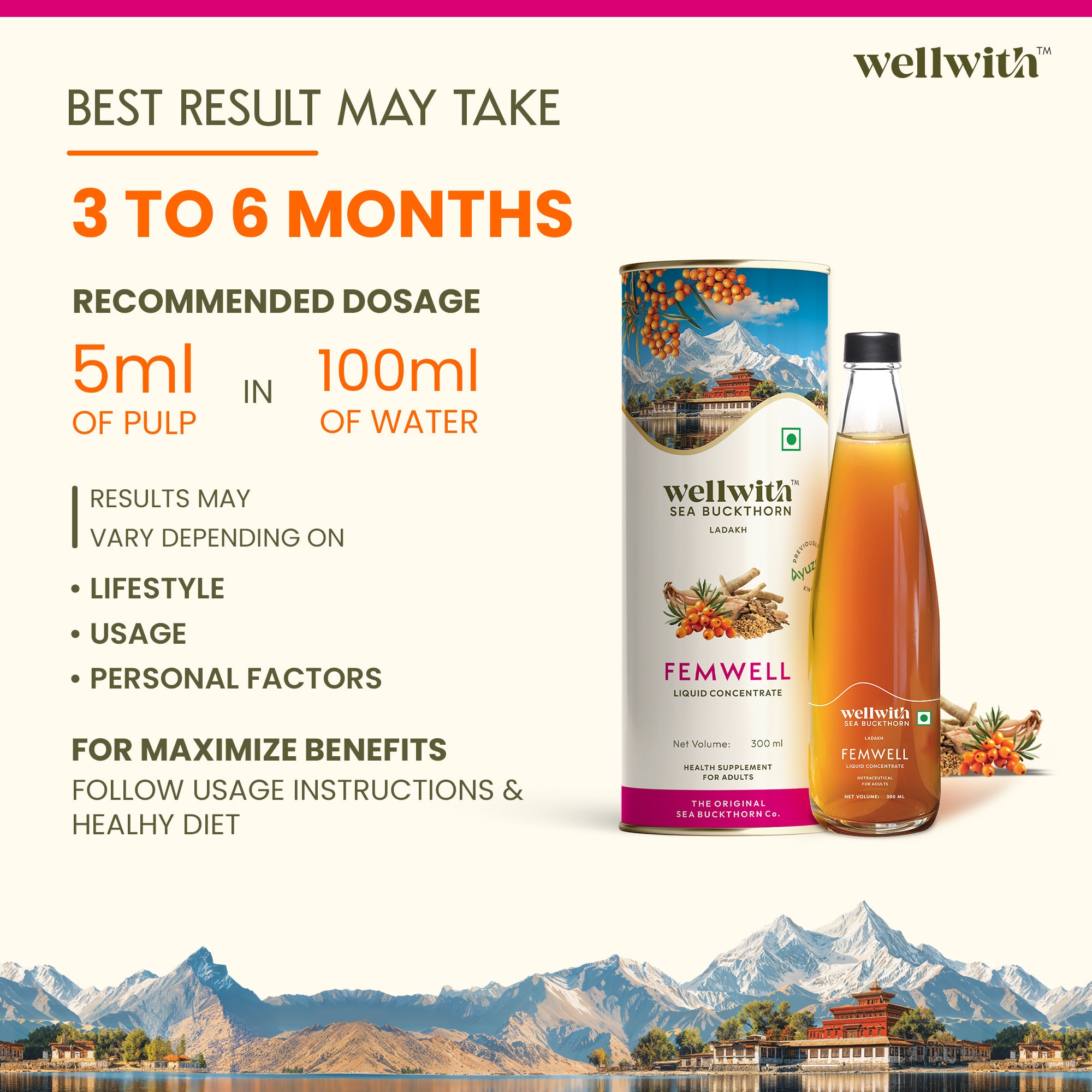 Recommended dosage for wellwith Femwell product with mountain landscape background