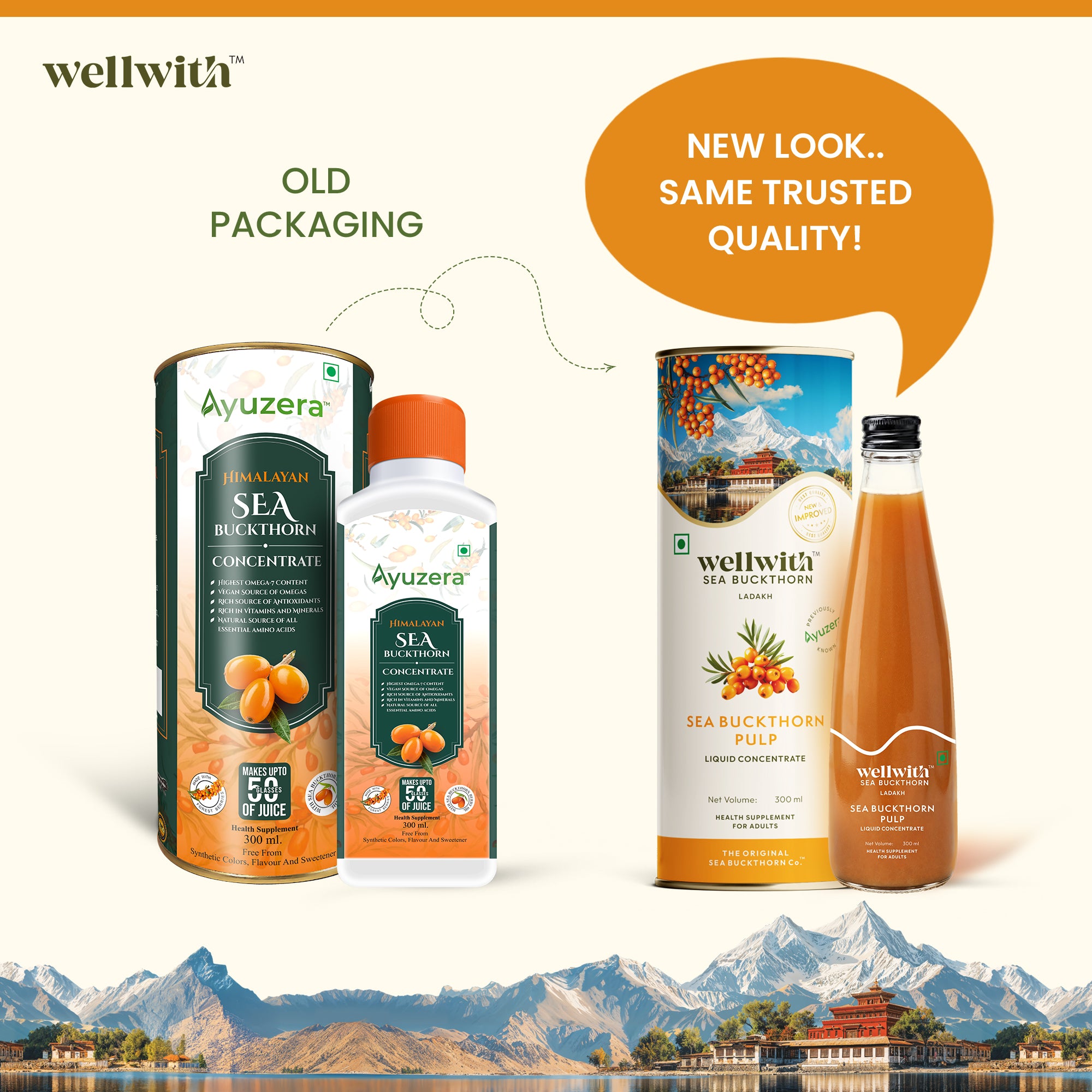 Comparison of Ayuzera and wellwith Sea Buckthorn products with text 'Old Packaging' and 'New Look, Same Trusted Quality'.