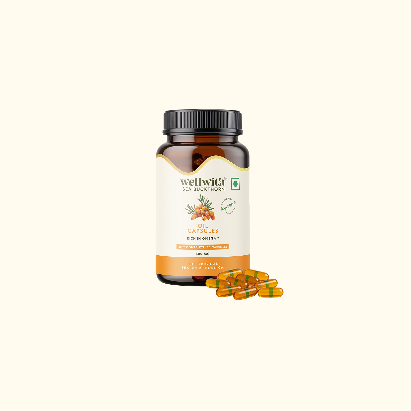 Wellwith Sea Buckthorn oil capsules bottle with capsules on a white background