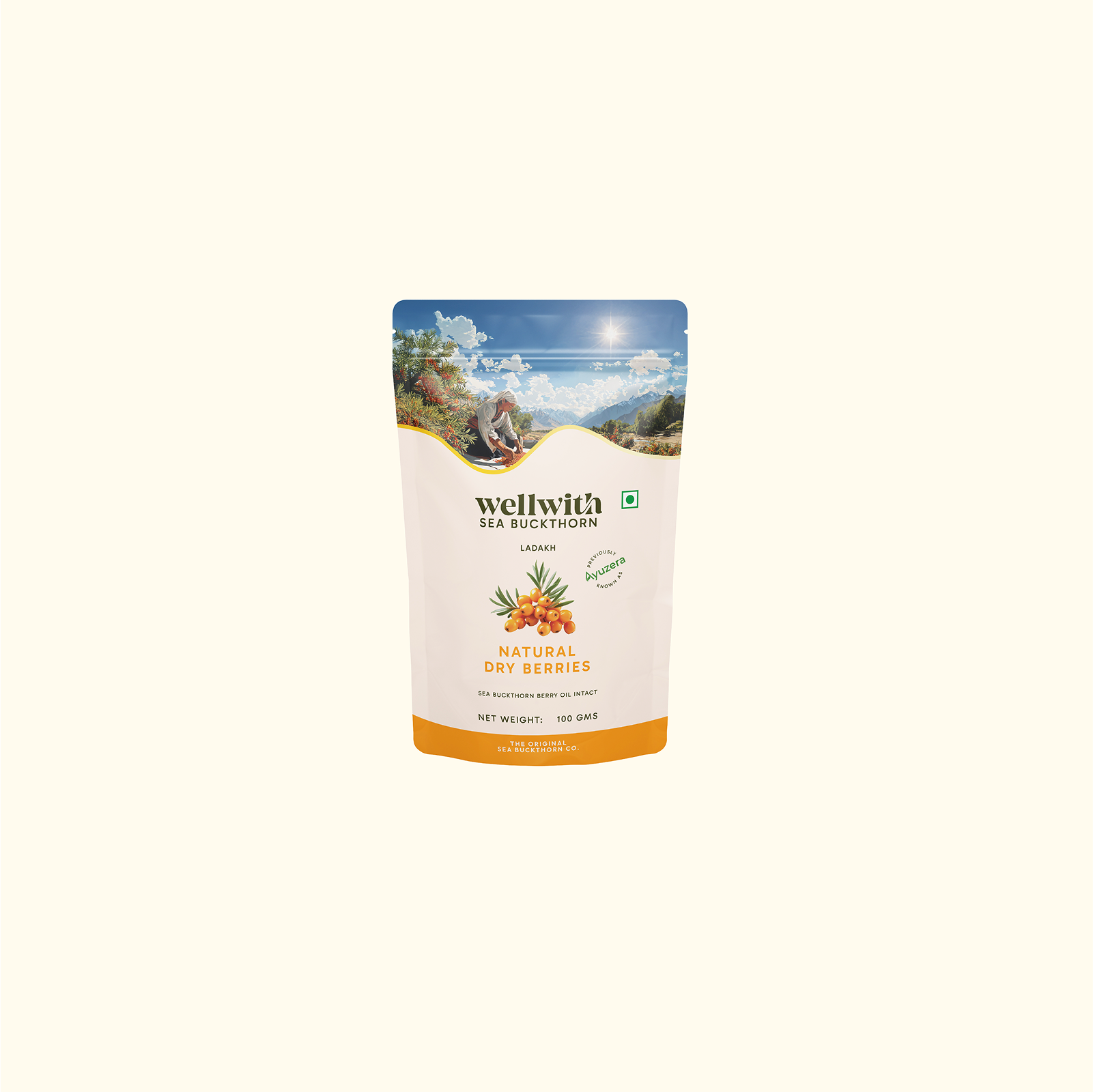 Wellwith Sea Buckthorn natural dry berries with scenic background on a white background