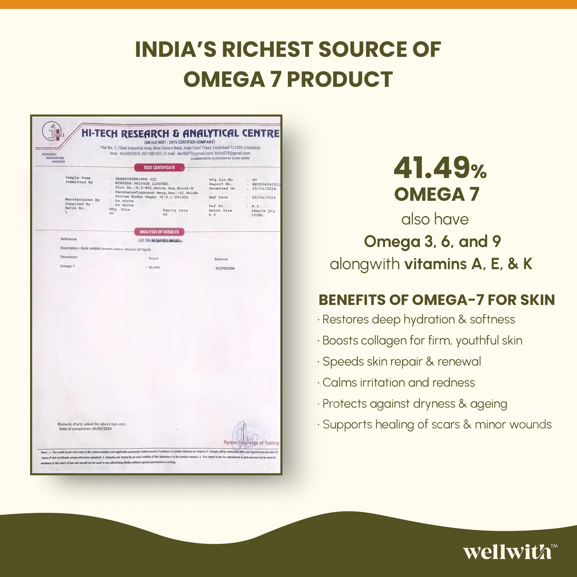 Advertisement for a product claiming to be India's richest source of Omega-7 with certification from Hi-Tech Research & Analytical Centre.