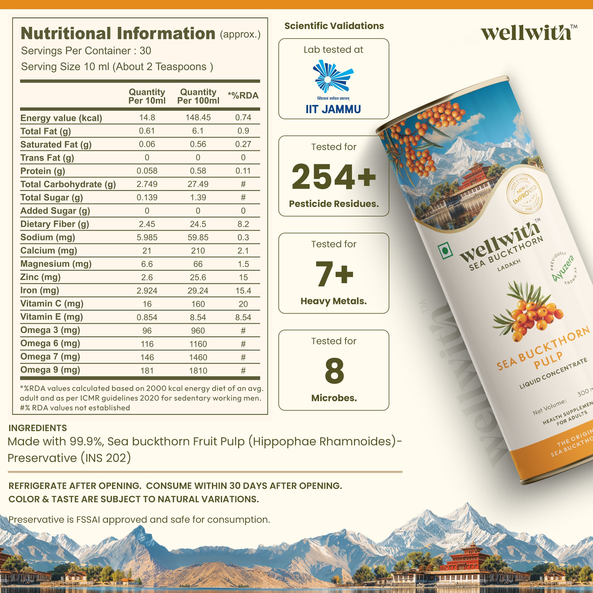 Nutritional information and product details of wellwith Sea Buckthorn Pulp along with lab test and sientific validation that highlight the juice is tested for 254+ pesticide residue and 7+ heavy metals.