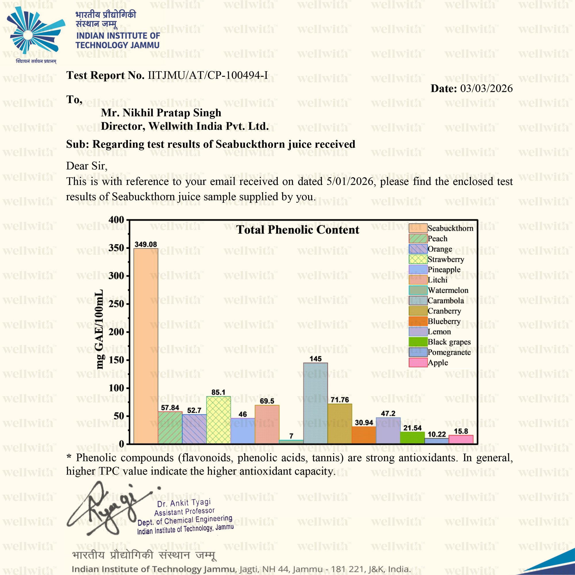 Test report with a bar chart on total phenolic content of various fruits compared with wellwith sea buckhthorn juice, issued by Indian Institute of Technology Jammu.