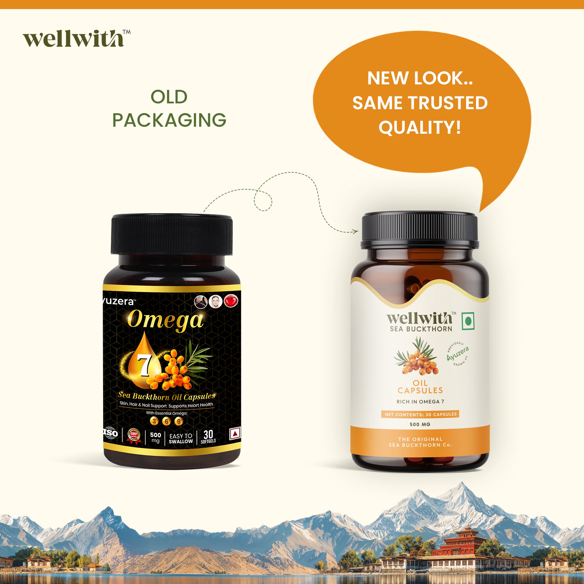 Comparison of old and new wellwith sea buckthorn oil capsule packaging with mountain landscape in the background