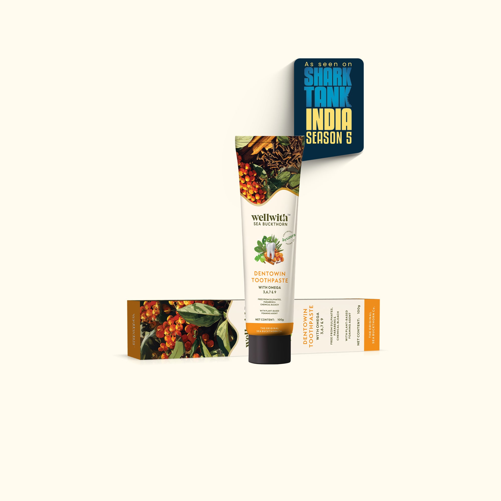 Wellwith sbt toothpaste with packaging on a white background