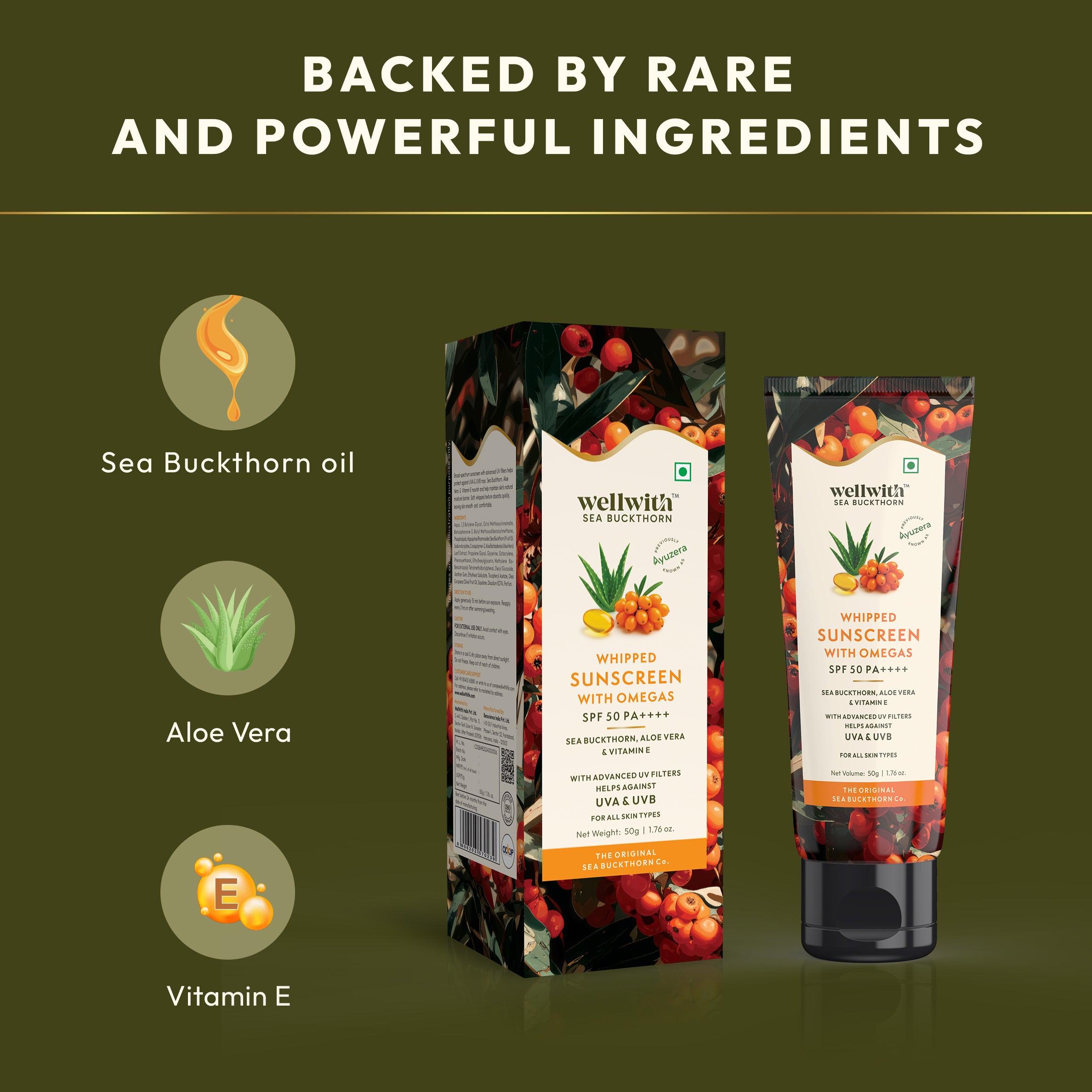 Wellwith sunscreen with ingredients like aloe vera. sea buckthorn oil and vitamin e