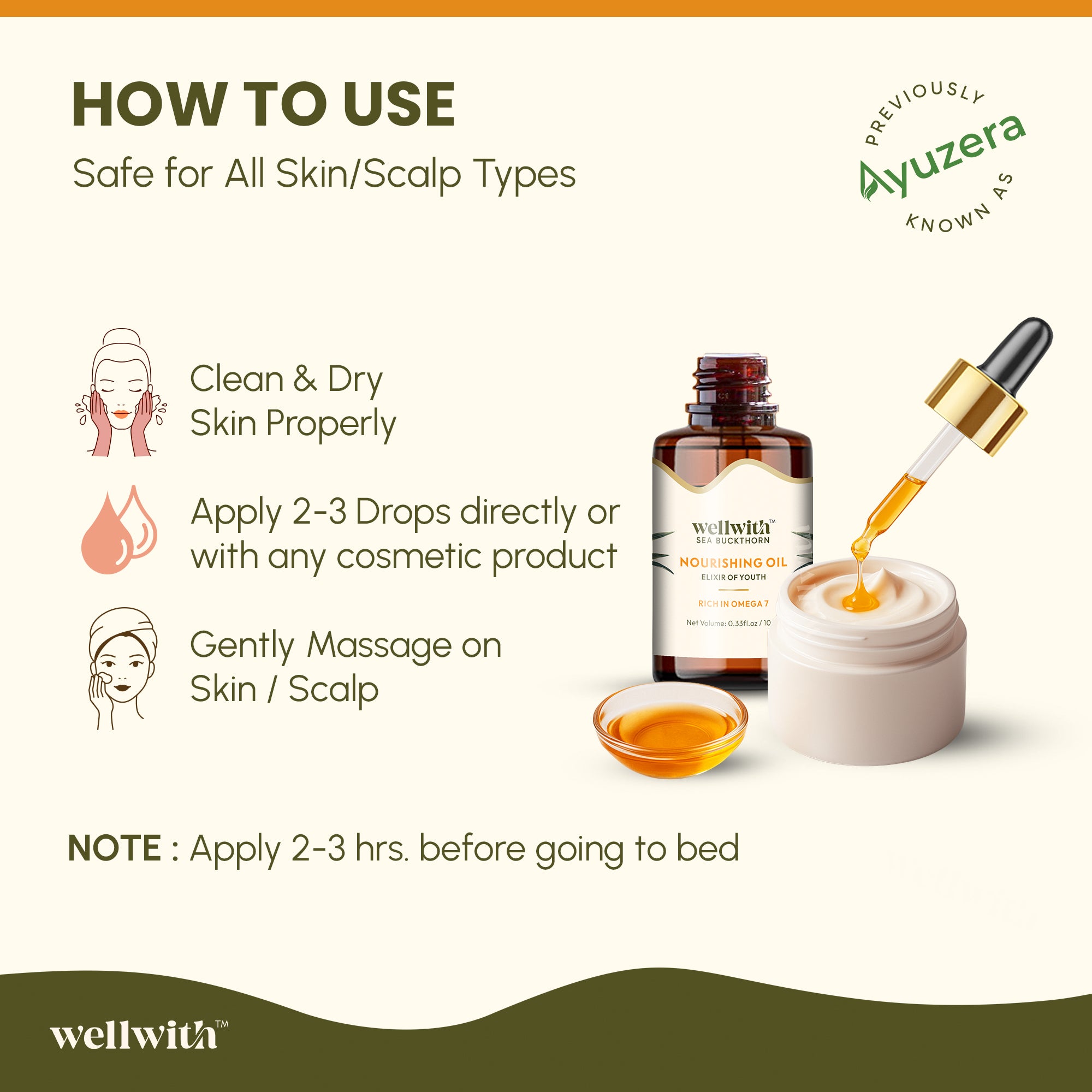 Wellwith sea buckthorn nourishing oil usage guide with oil bottle, dropper, and cream.