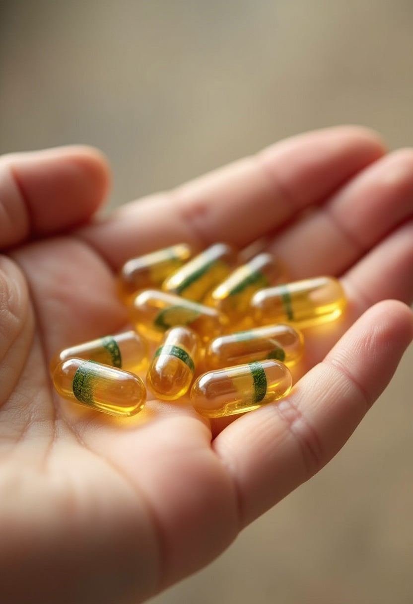 Hand holding yellow sea buckthorn oil capsules with green stripes against a blurred background