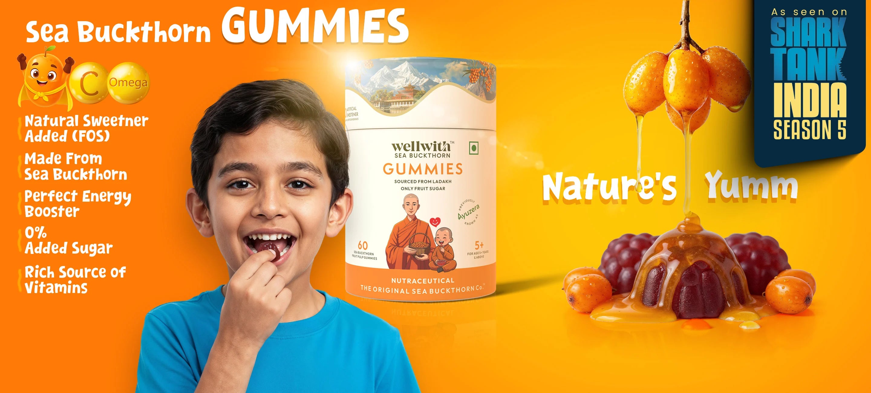 Sea Buckthorn Gummies with a child eating a gummy.