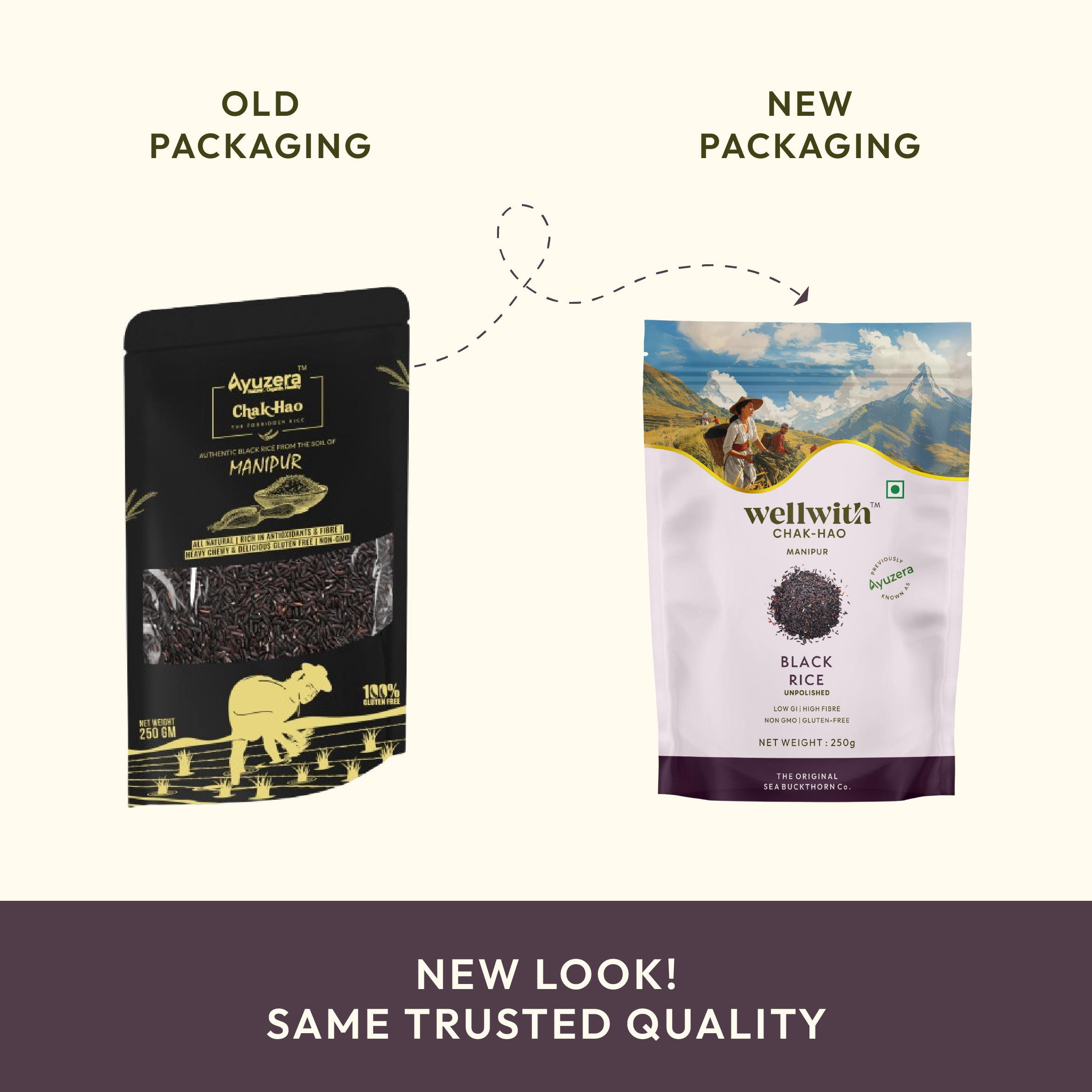 Comparison of old and new packaging for wellwith Chak Hao black rice with scenic background