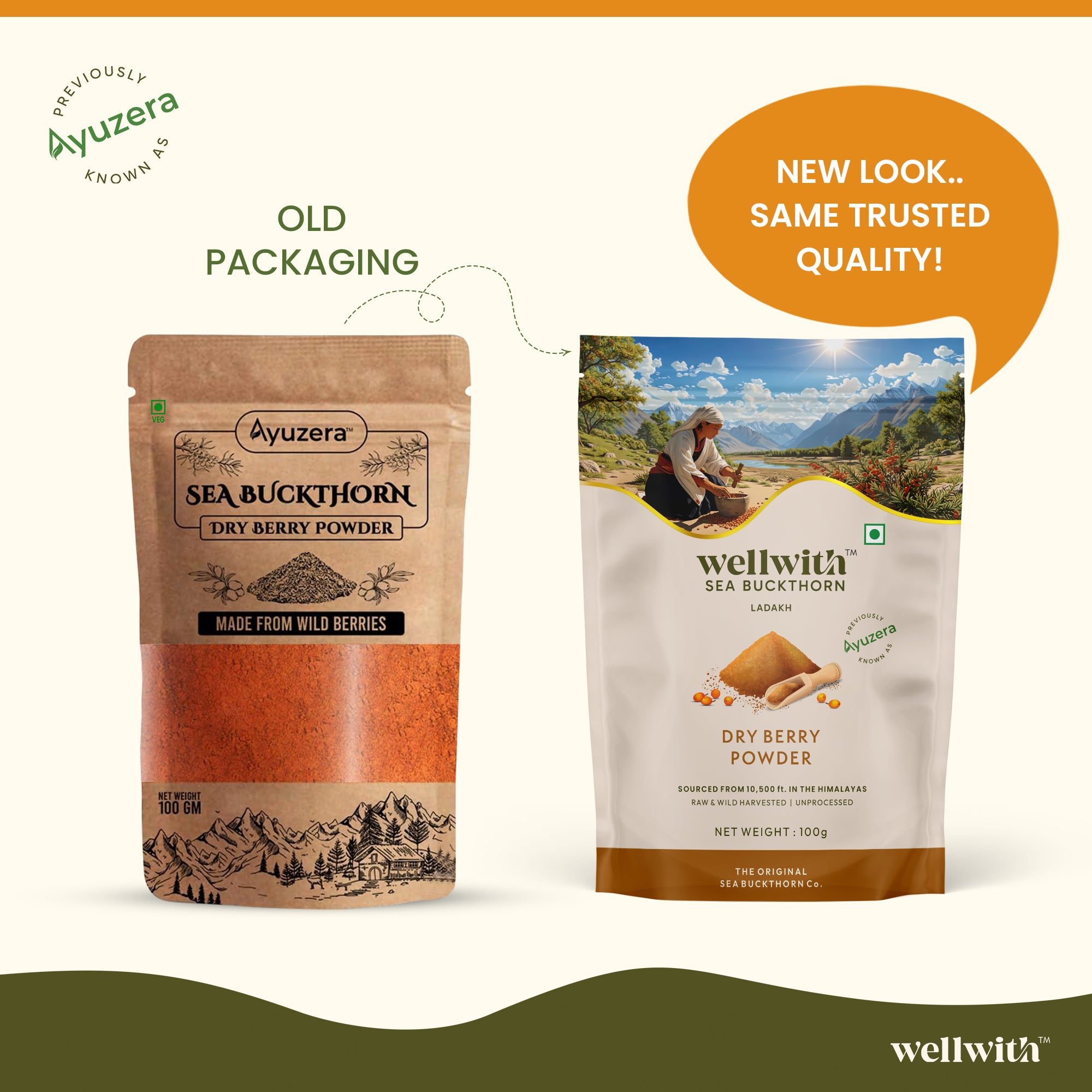 Comparison of Ayuzera and Wellwith sea buckthorn dry berry powder packaging on a white background.