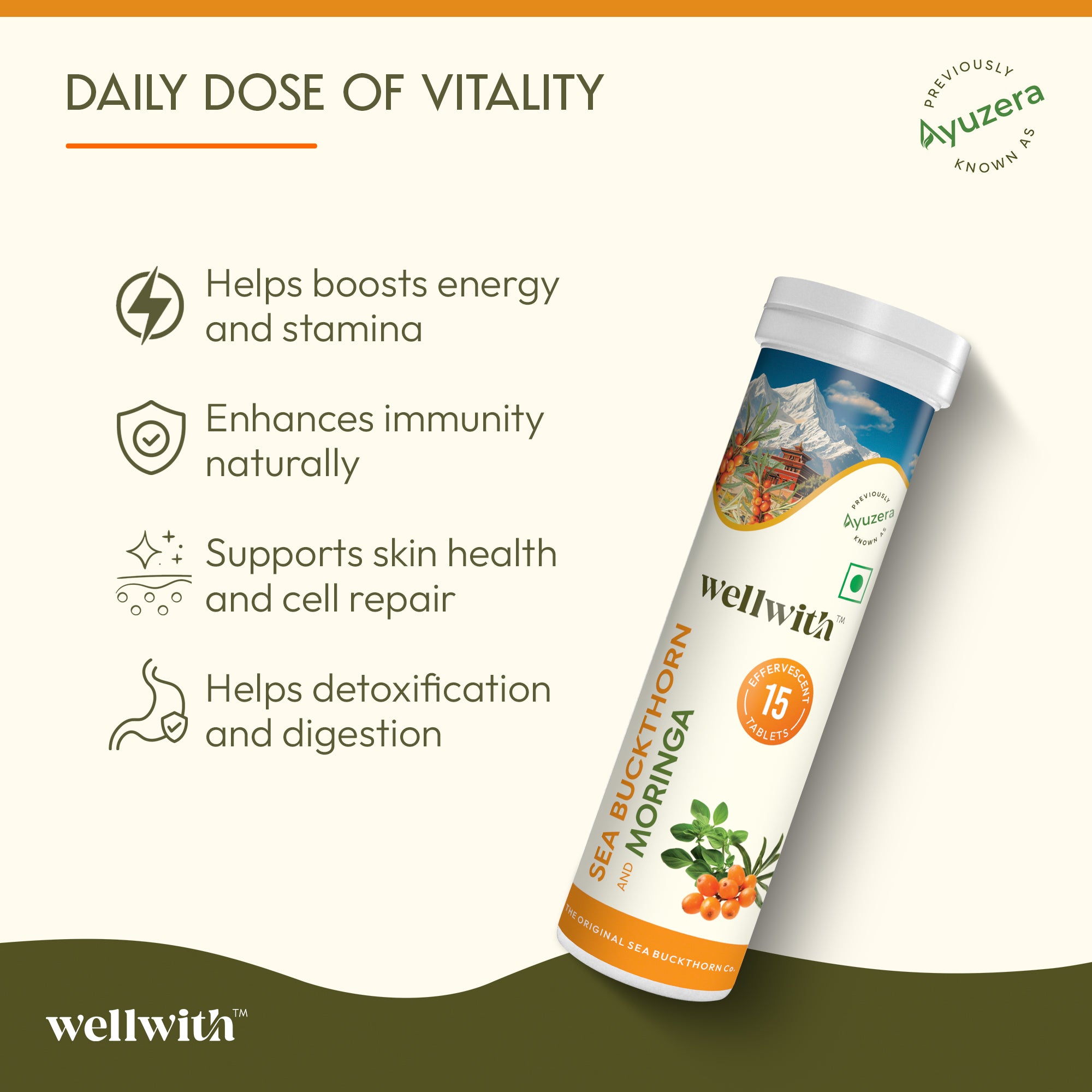 Wellwith sea buckthorn and moringa tablets with health benefits listed on a green background