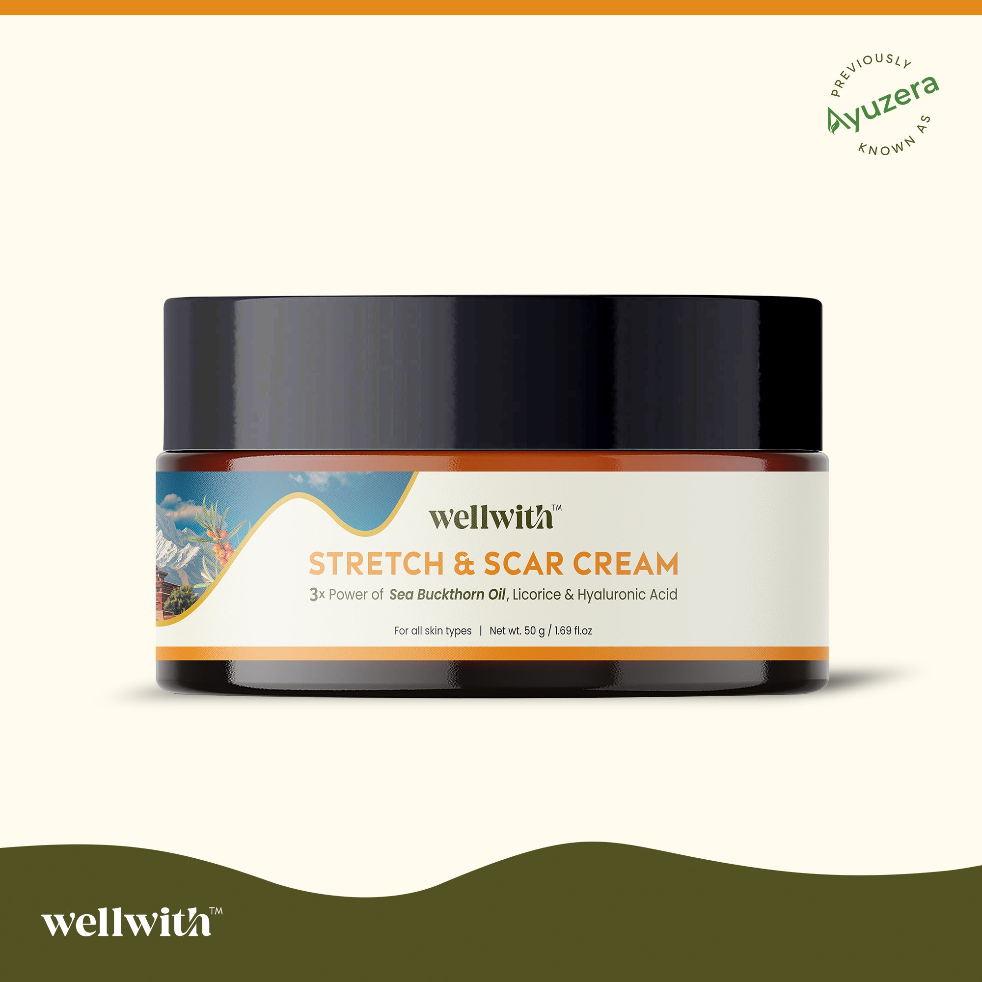 Wellwith Stretch & Scar Cream jar on a light beige background