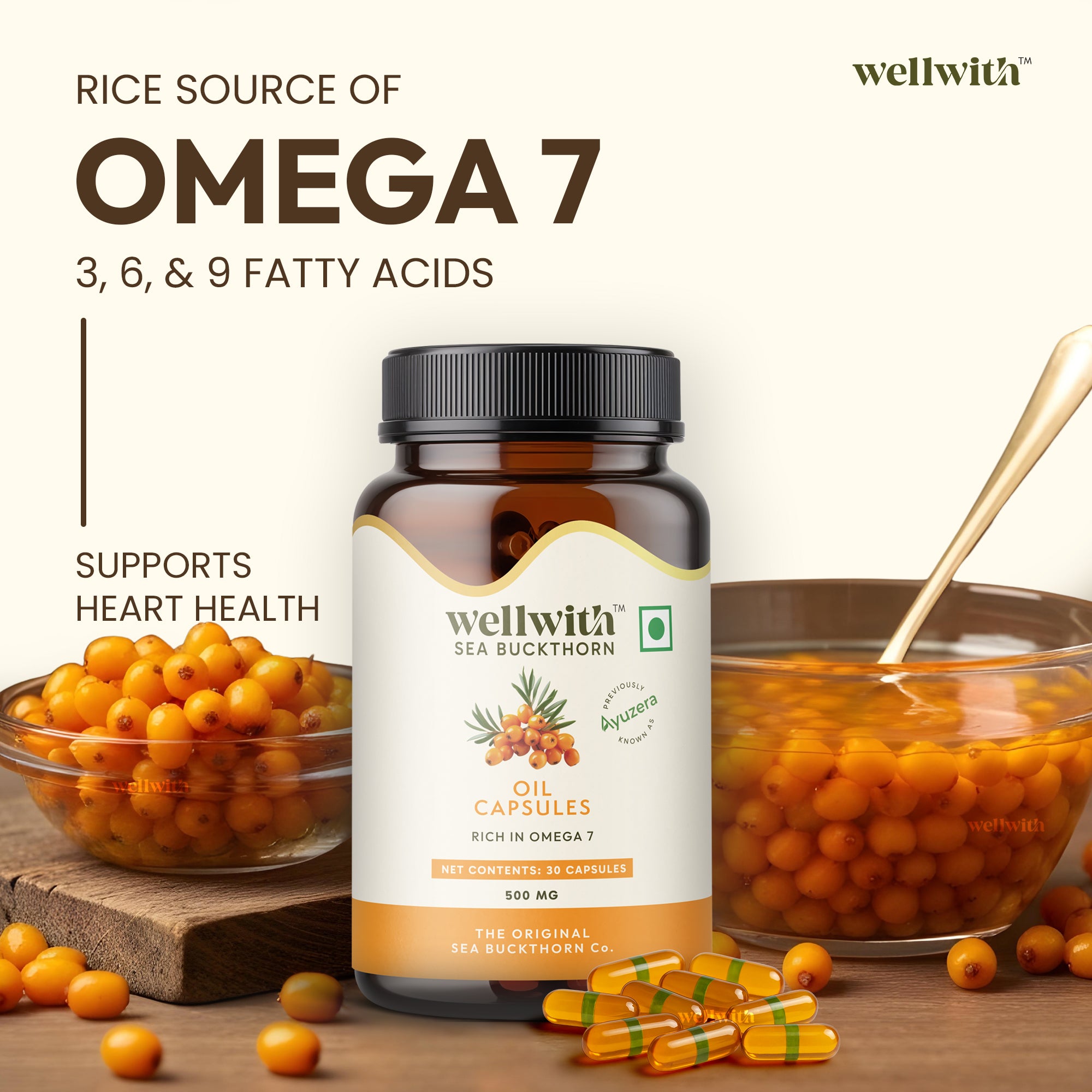 Wellwith Sea Buckthorn oil capsules with berries on a wooden surface