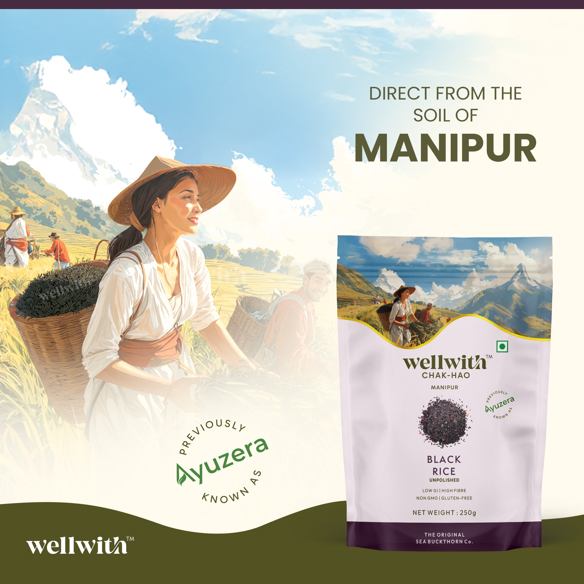 Woman in a field with a wellwith black rice package in the foreground