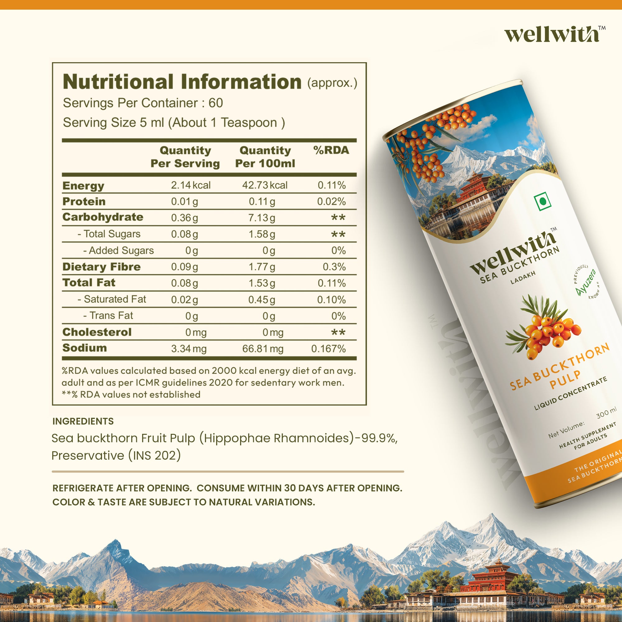 Wellwith Sea Buckthorn liquid concentrate packaging with nutritional information on a scenic background