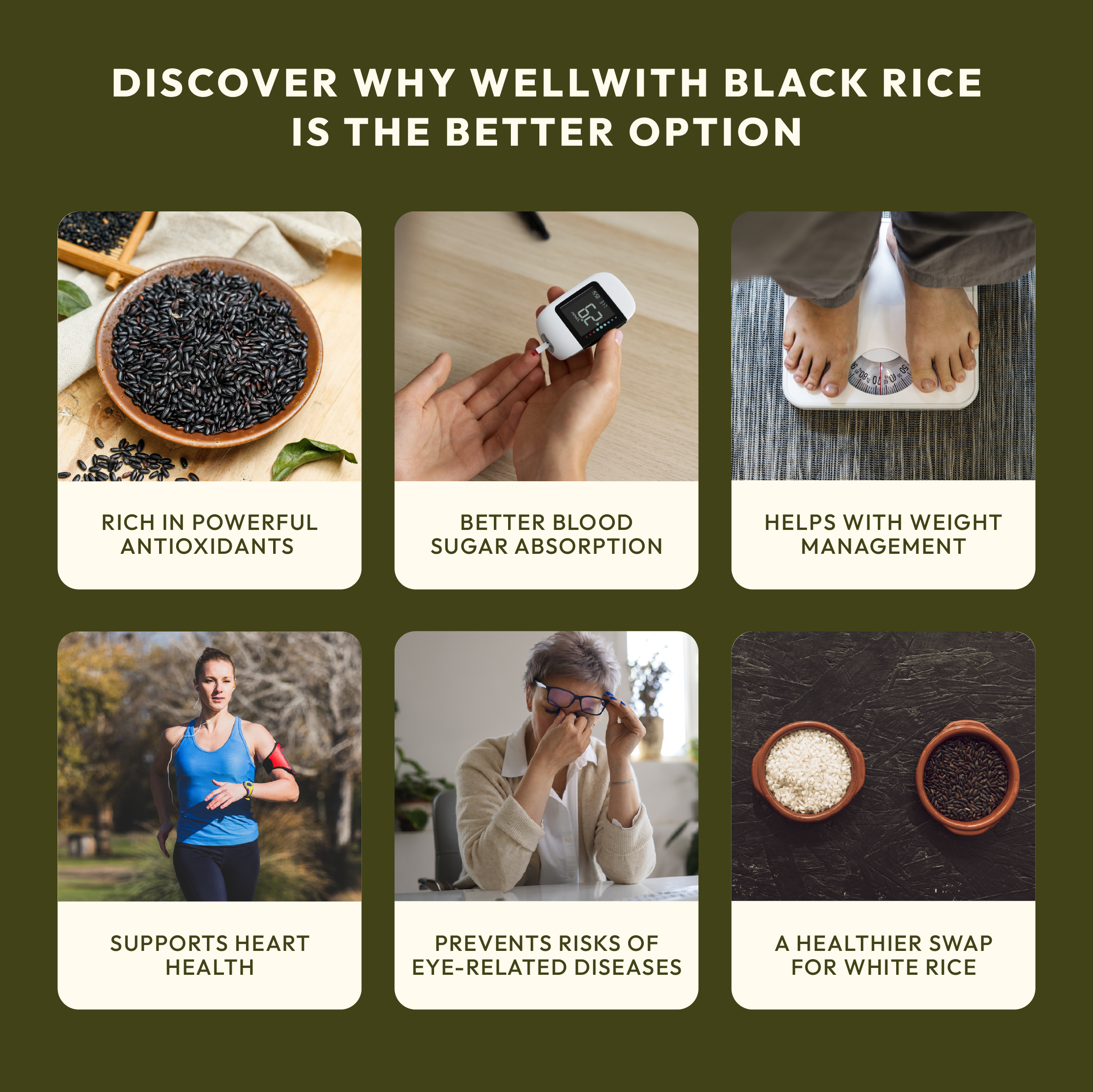 Promotional graphic about the benefits of chak hao black rice on a green background.